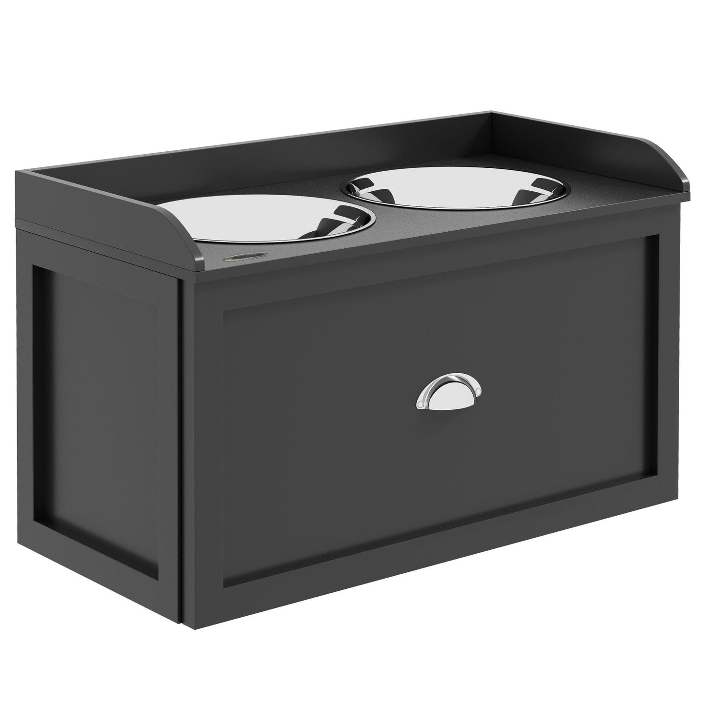 Elevated Dog Bowls for Large Dogs, Raised Pet Feeding Station with 2 Stainless Steel Bowls, Hidden Storage Drawer, Wood Stand for Cats, Black