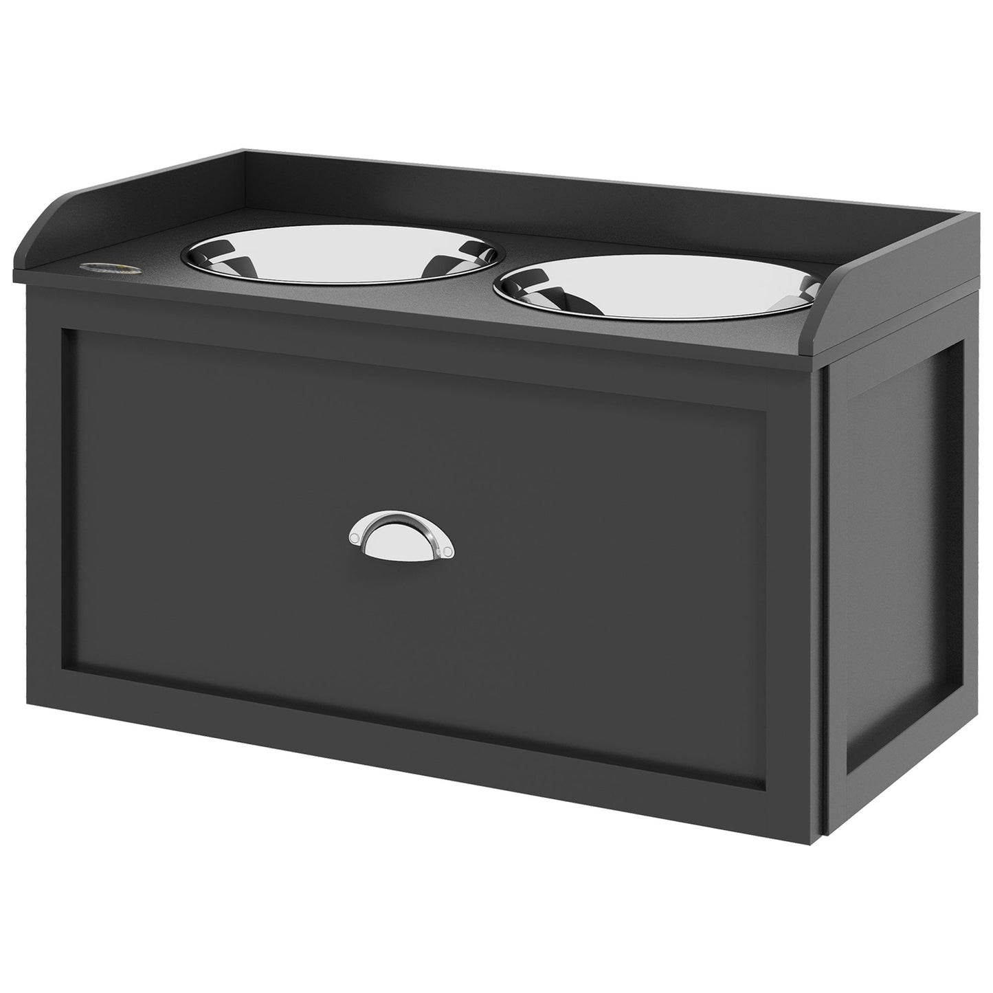 Elevated Dog Bowls for Large Dogs, Raised Pet Feeding Station with 2 Stainless Steel Bowls, Hidden Storage Drawer, Wood Stand for Cats, Black