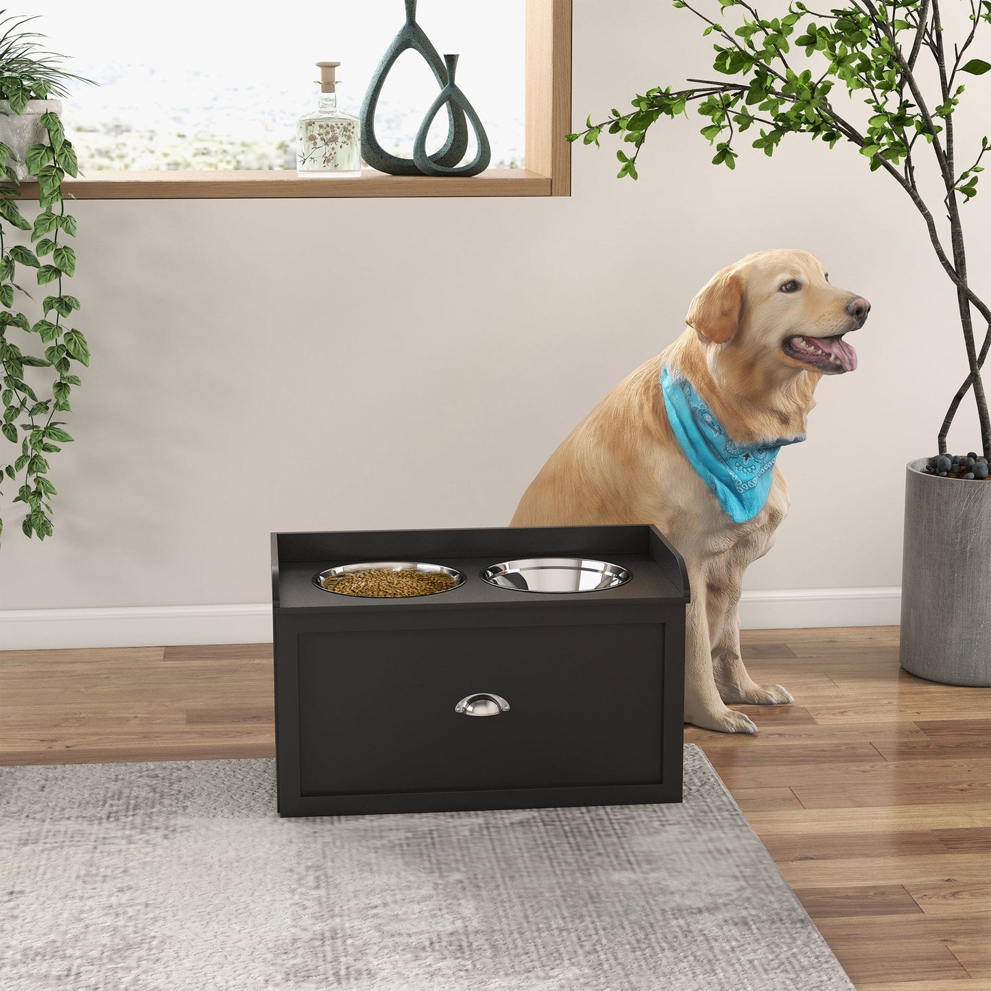Elevated Dog Bowls for Large Dogs, Raised Pet Feeding Station with 2 Stainless Steel Bowls, Hidden Storage Drawer, Wood Stand for Cats, Black