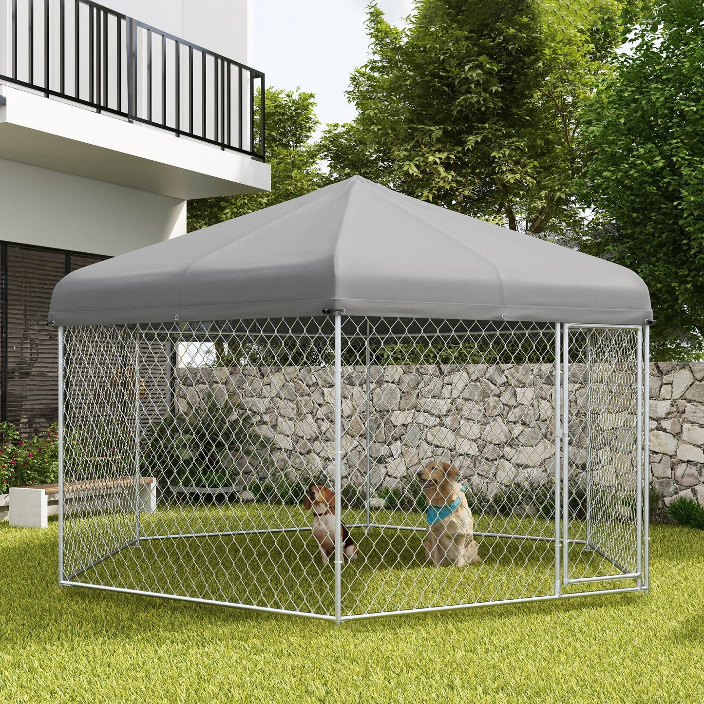 Outdoor Dog Kennel Dog Run with Waterproof, UV Resistant Cover for Medium and Large Sized Dogs, 13.4' x 11.5' x 8.8', Silver