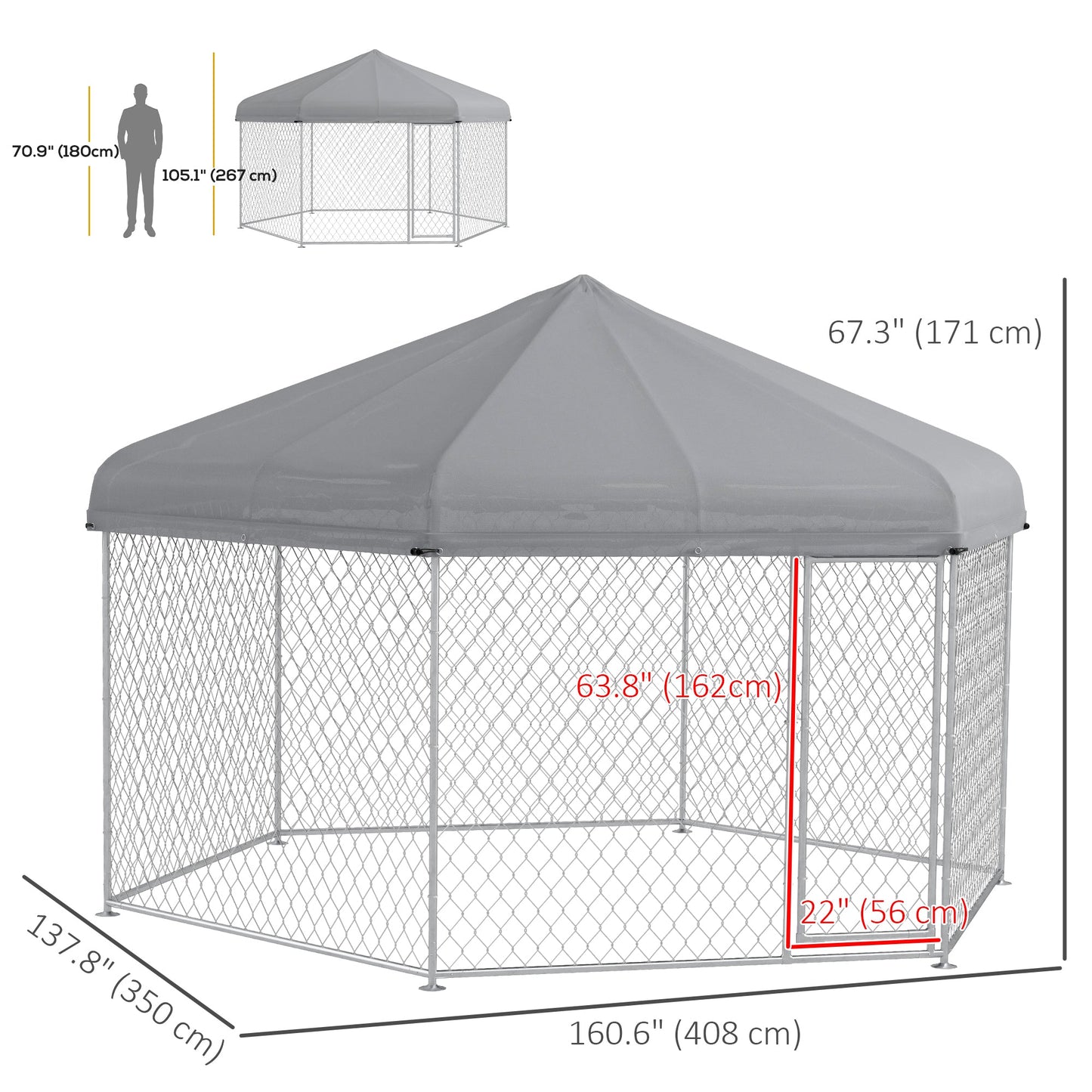 Outdoor Dog Kennel Dog Run with Waterproof, UV Resistant Cover for Medium and Large Sized Dogs, 13.4' x 11.5' x 8.8', Silver