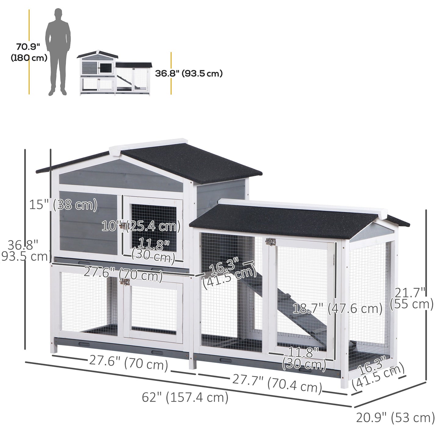 2-tier Wood Rabbit Hutch Backyard Bunny Cage Small Animal House w/ Ramp and Outdoor Run, Grey