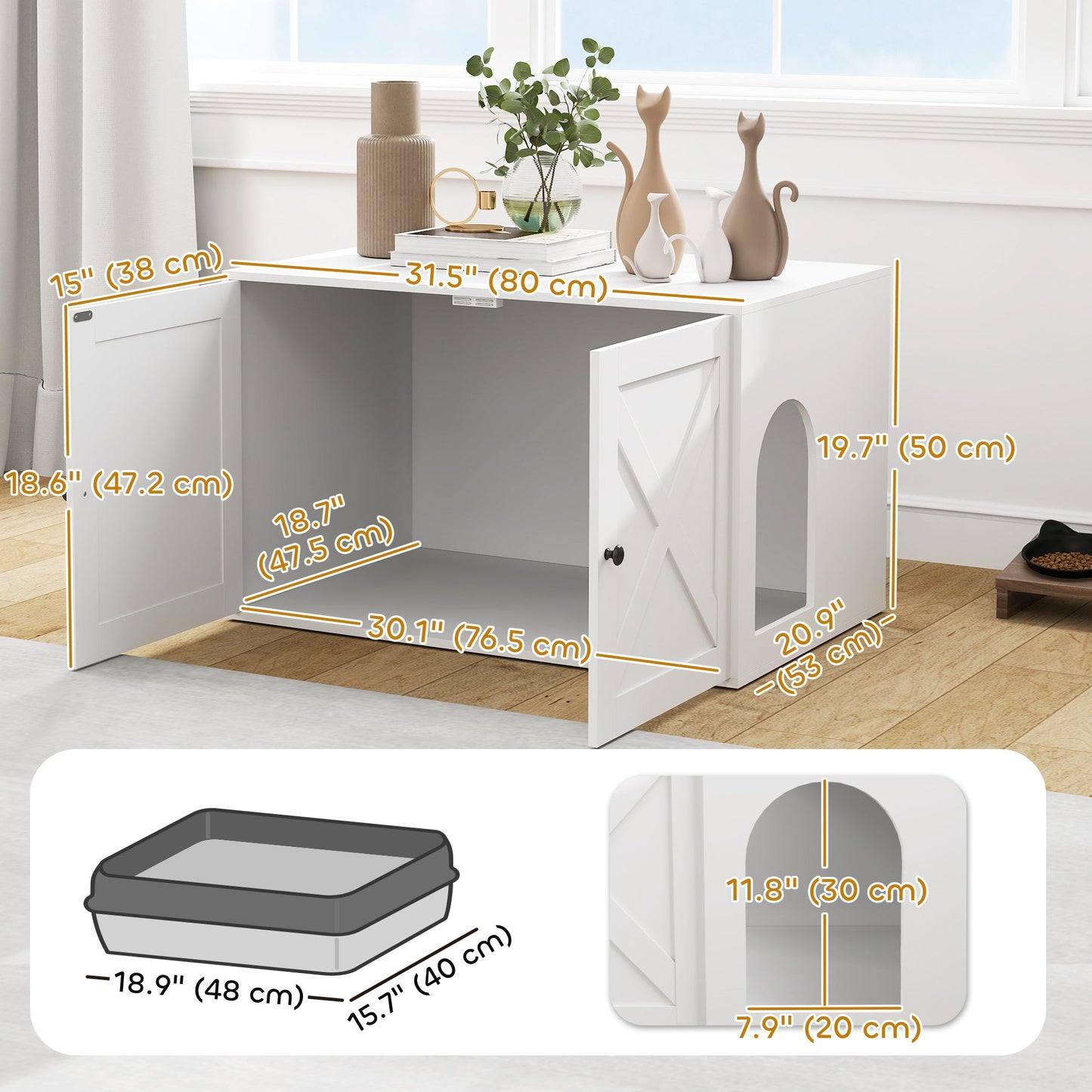 Cat Litter Box Enclosure, Hidden Washroom Furniture with Doors, Cat Hole, Handles, Indoor Pet House Side End Table Fit Most of Cat and Litter Box, 31.5" x 21" x 20", White