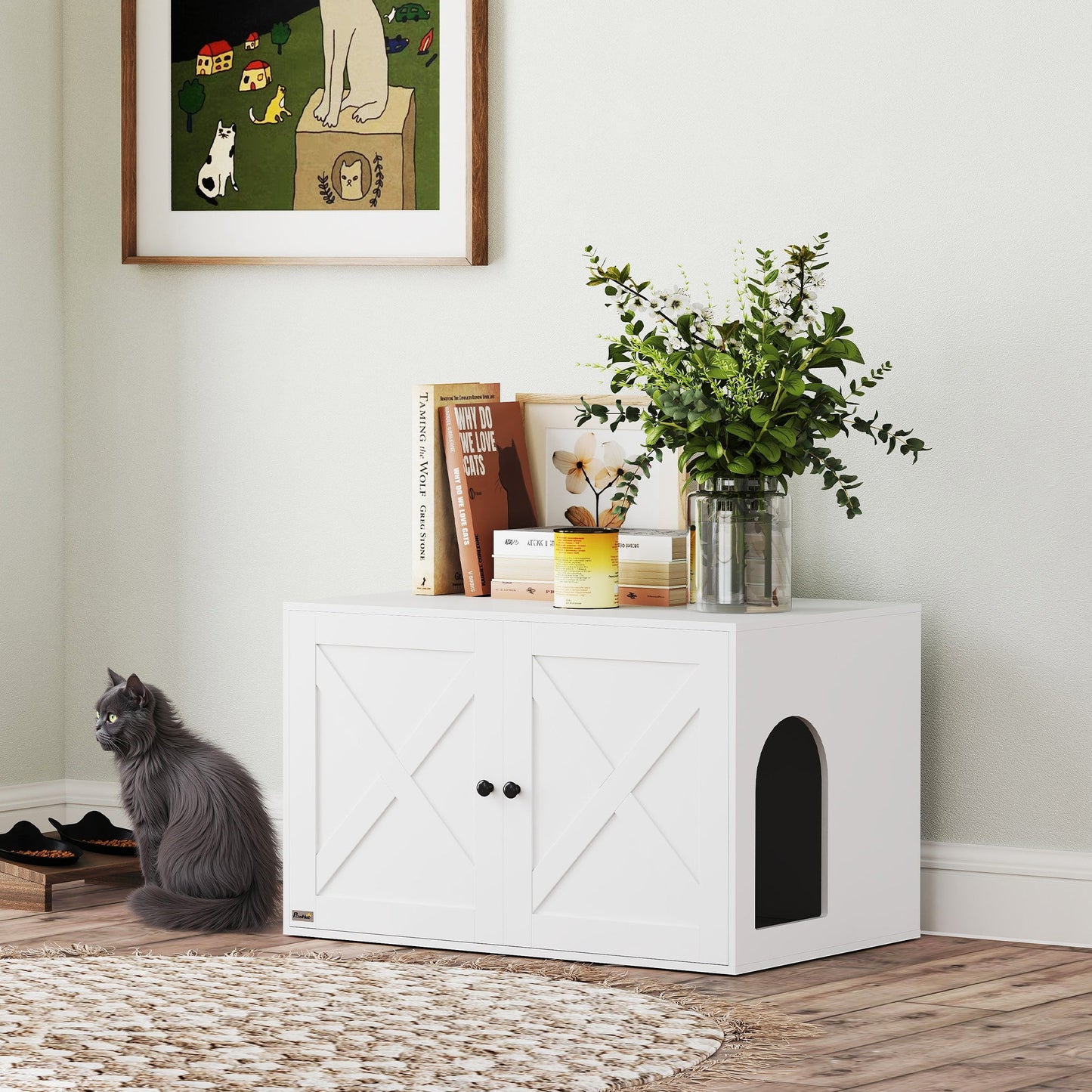 Cat Litter Box Enclosure, Hidden Washroom Furniture with Doors, Cat Hole, Handles, Indoor Pet House Side End Table Fit Most of Cat and Litter Box, 31.5" x 21" x 20", White