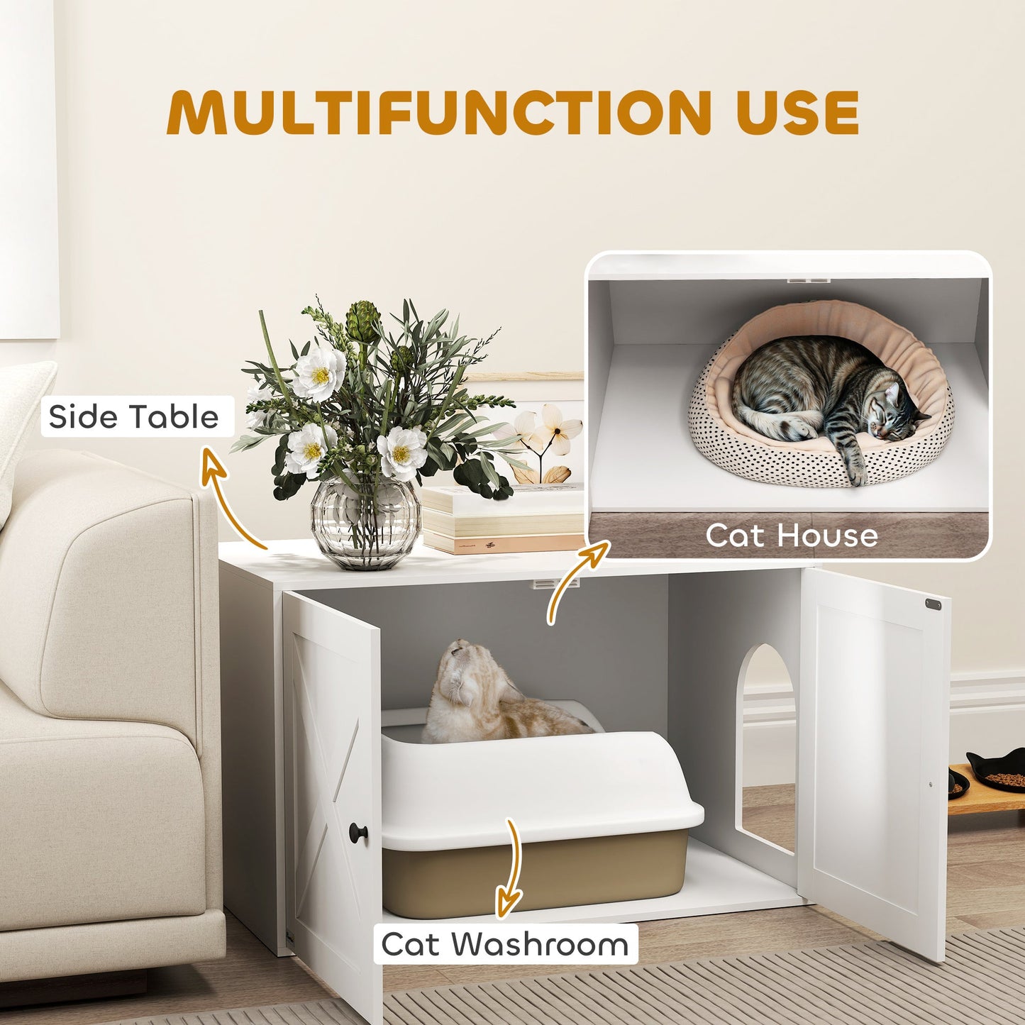 Cat Litter Box Enclosure, Hidden Washroom Furniture with Doors, Cat Hole, Handles, Indoor Pet House Side End Table Fit Most of Cat and Litter Box, 31.5" x 21" x 20", White