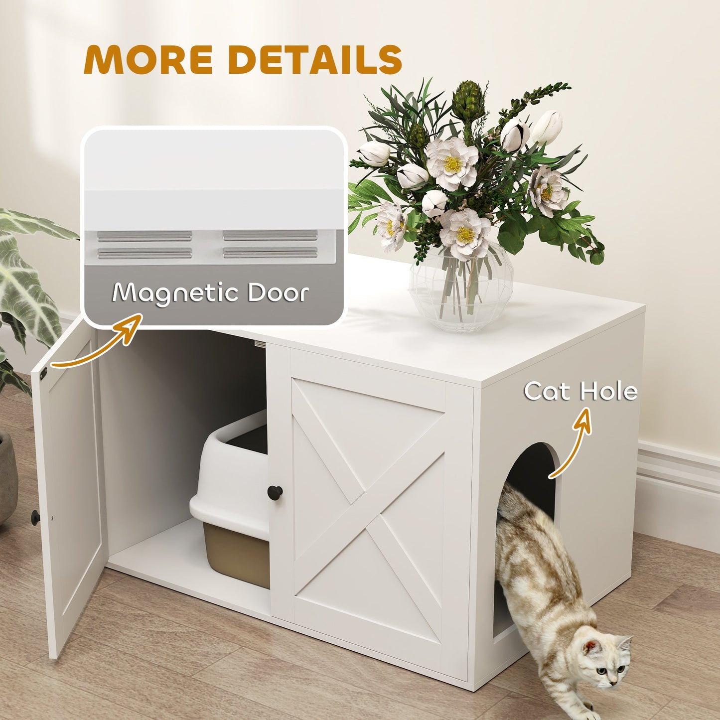 Cat Litter Box Enclosure, Hidden Washroom Furniture with Doors, Cat Hole, Handles, Indoor Pet House Side End Table Fit Most of Cat and Litter Box, 31.5" x 21" x 20", White