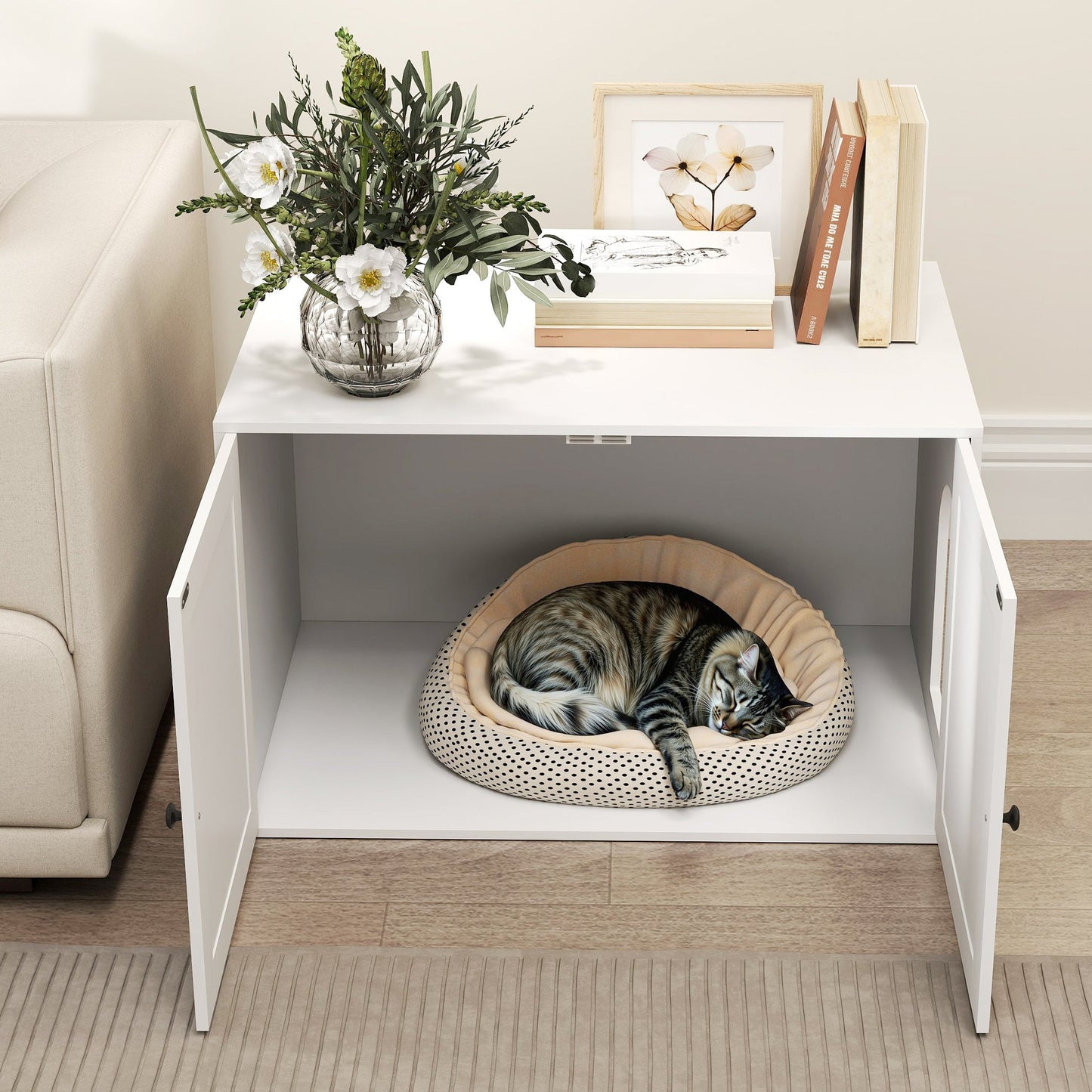 Cat Litter Box Enclosure, Hidden Washroom Furniture with Doors, Cat Hole, Handles, Indoor Pet House Side End Table Fit Most of Cat and Litter Box, 31.5" x 21" x 20", White