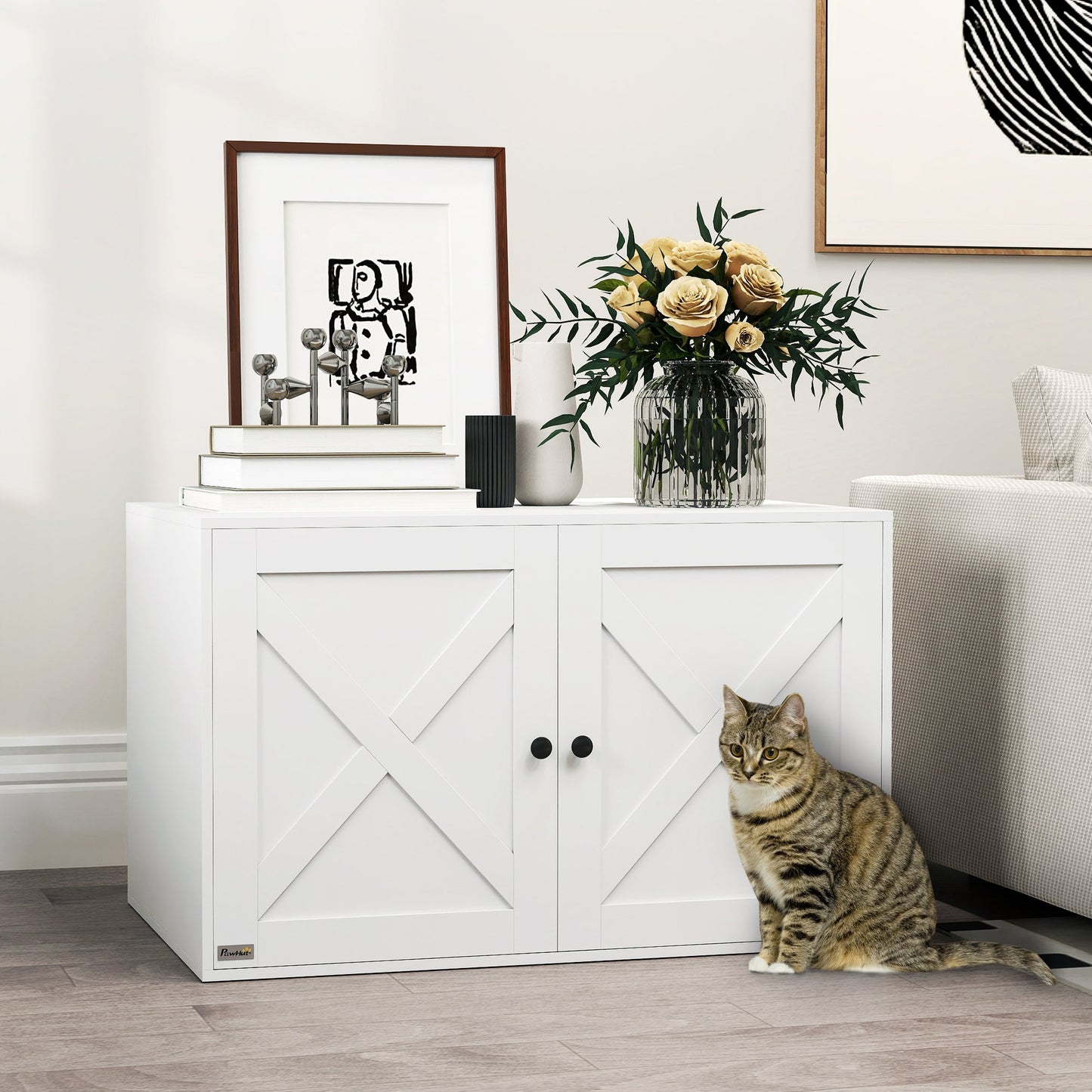 Cat Litter Box Enclosure, Hidden Washroom Furniture with Doors, Cat Hole, Handles, Indoor Pet House Side End Table Fit Most of Cat and Litter Box, 31.5" x 21" x 20", White
