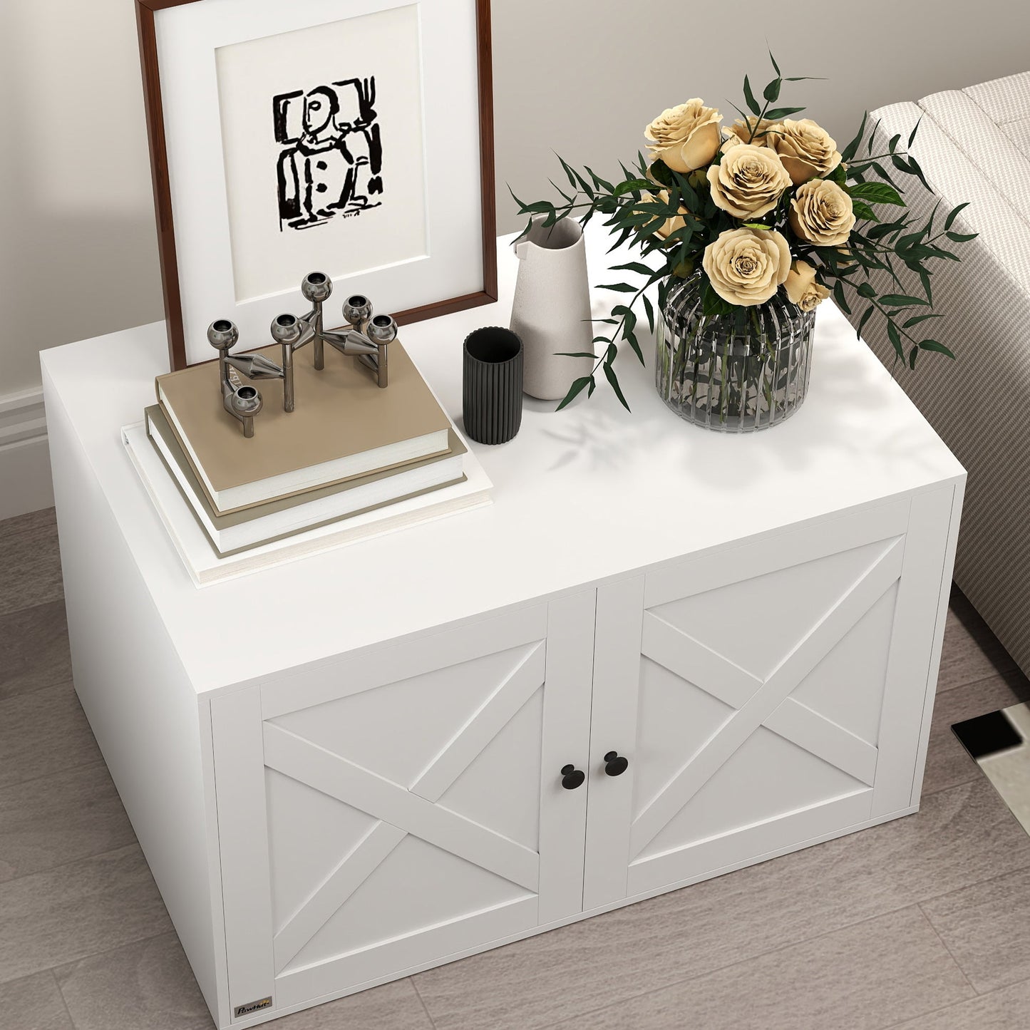 Cat Litter Box Enclosure, Hidden Washroom Furniture with Doors, Cat Hole, Handles, Indoor Pet House Side End Table Fit Most of Cat and Litter Box, 31.5" x 21" x 20", White