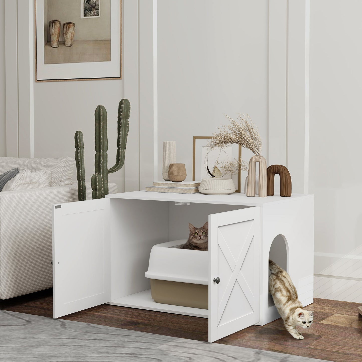 Cat Litter Box Enclosure, Hidden Washroom Furniture with Doors, Cat Hole, Handles, Indoor Pet House Side End Table Fit Most of Cat and Litter Box, 31.5" x 21" x 20", White