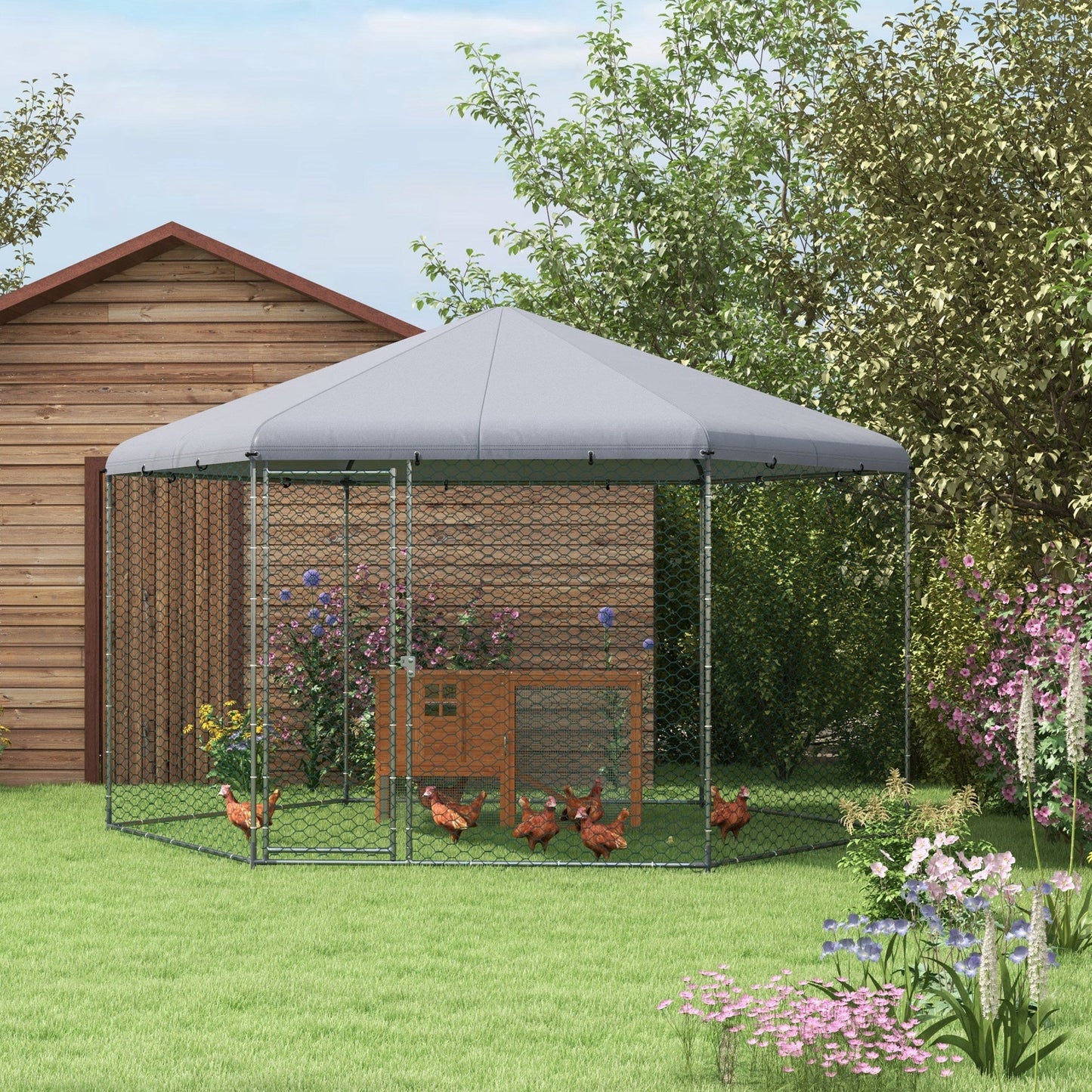 13.1' x 11.4' Chicken Coop, Large Chicken Run with Cover for Outdoor Backyard, Metal Poultry Cage for 10-15 Chickens, Rabbits, Ducks, Silver