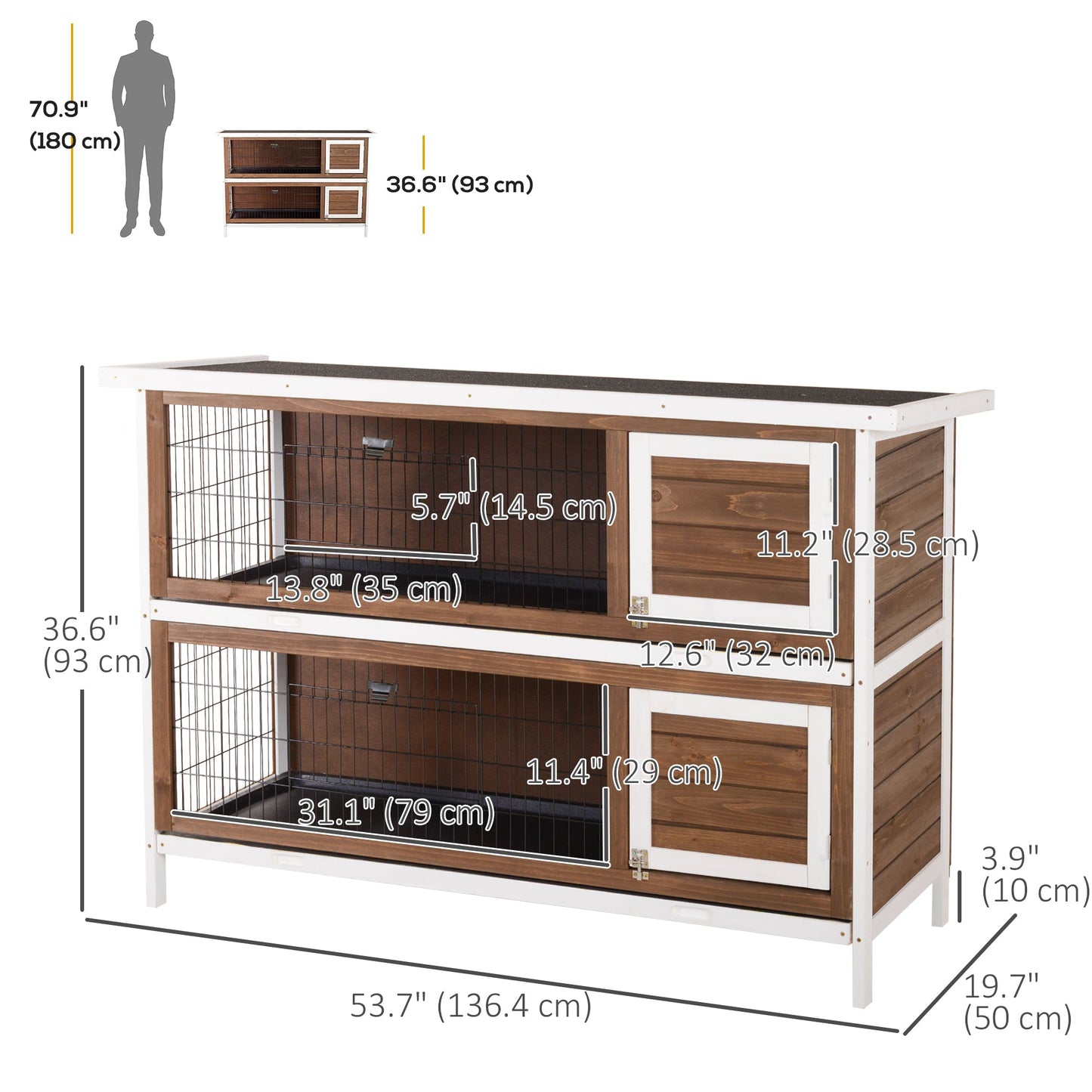 54"L 2-Story Large Rabbit Hutch Bunny Cage Wooden Pet House Small Animal Habitat with Lockable Doors, No Leak Tray and Waterproof Roof for Outdoor/Indoor Brown