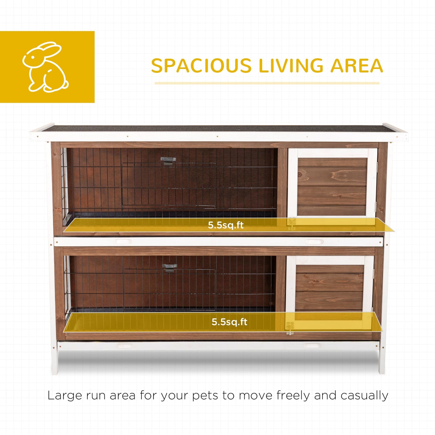 54"L 2-Story Large Rabbit Hutch Bunny Cage Wooden Pet House Small Animal Habitat with Lockable Doors, No Leak Tray and Waterproof Roof for Outdoor/Indoor Brown