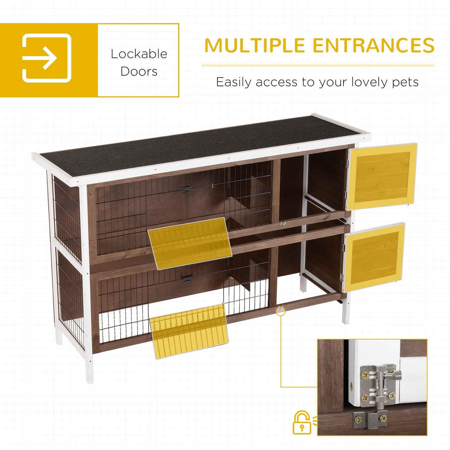 54"L 2-Story Large Rabbit Hutch Bunny Cage Wooden Pet House Small Animal Habitat with Lockable Doors, No Leak Tray and Waterproof Roof for Outdoor/Indoor Brown