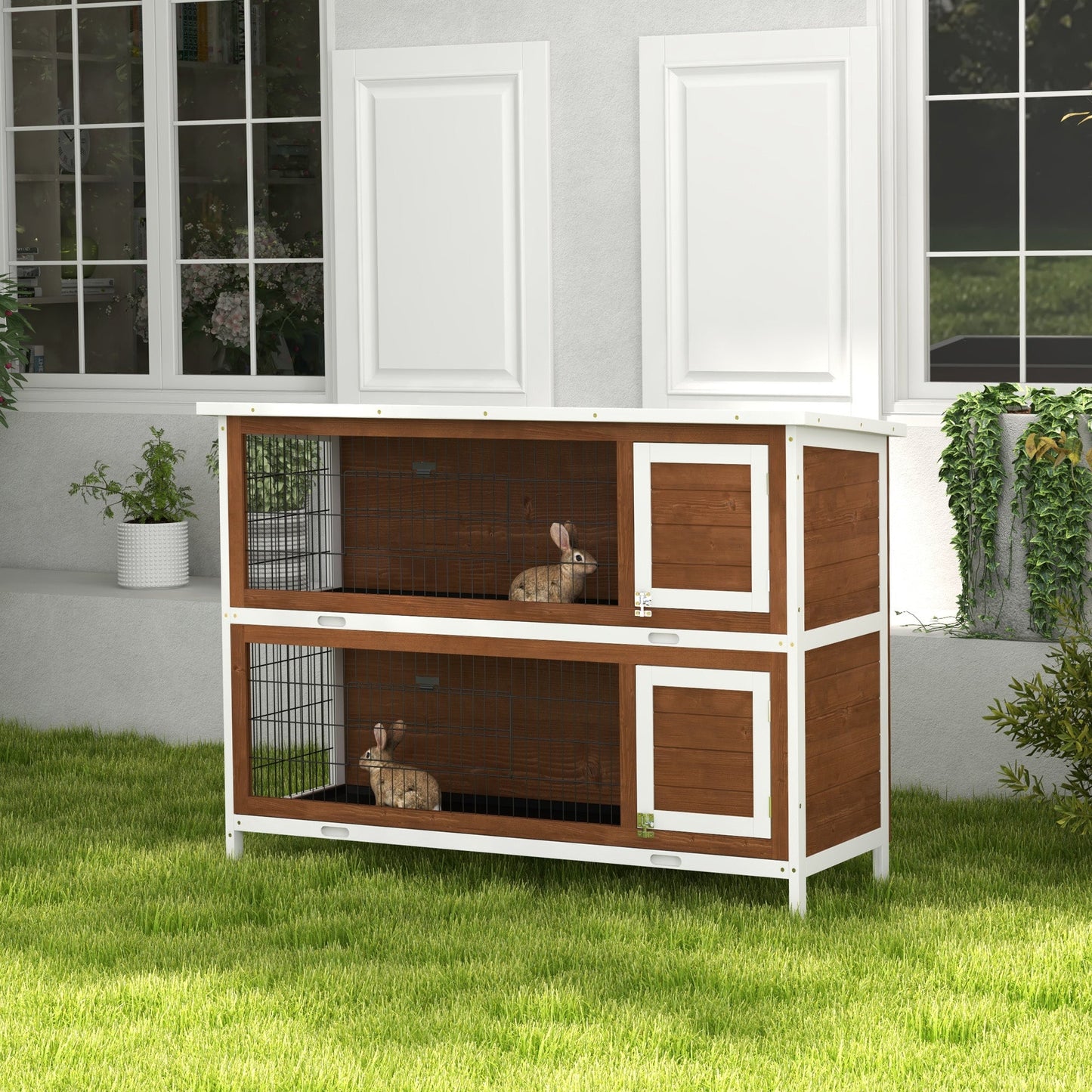 54"L 2-Story Large Rabbit Hutch Bunny Cage Wooden Pet House Small Animal Habitat with Lockable Doors, No Leak Tray and Waterproof Roof for Outdoor/Indoor Brown