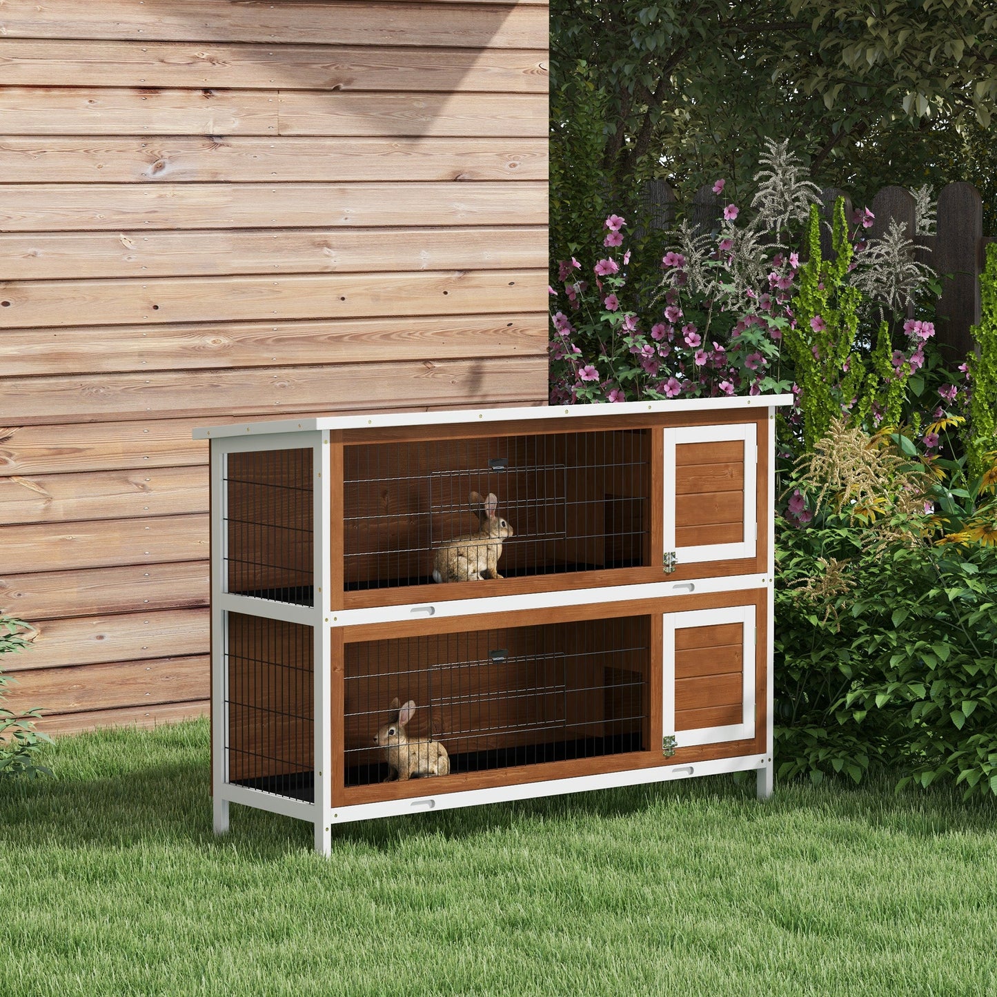 54"L 2-Story Large Rabbit Hutch Bunny Cage Wooden Pet House Small Animal Habitat with Lockable Doors, No Leak Tray and Waterproof Roof for Outdoor/Indoor Brown
