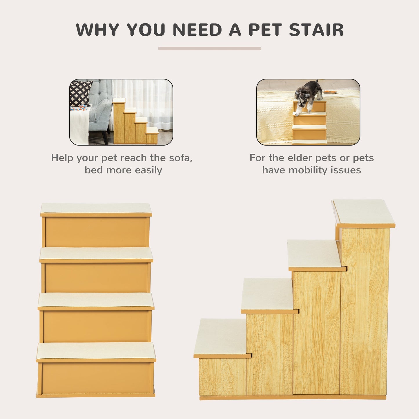 Pet Stairs Dog Steps for High Bed, 4 Levels Dog Stairs for Car, Wooden Cat Ladder with Non-Slip Carpet, 15.7" L x 23.2" W x 21.3" H, Natural Wood