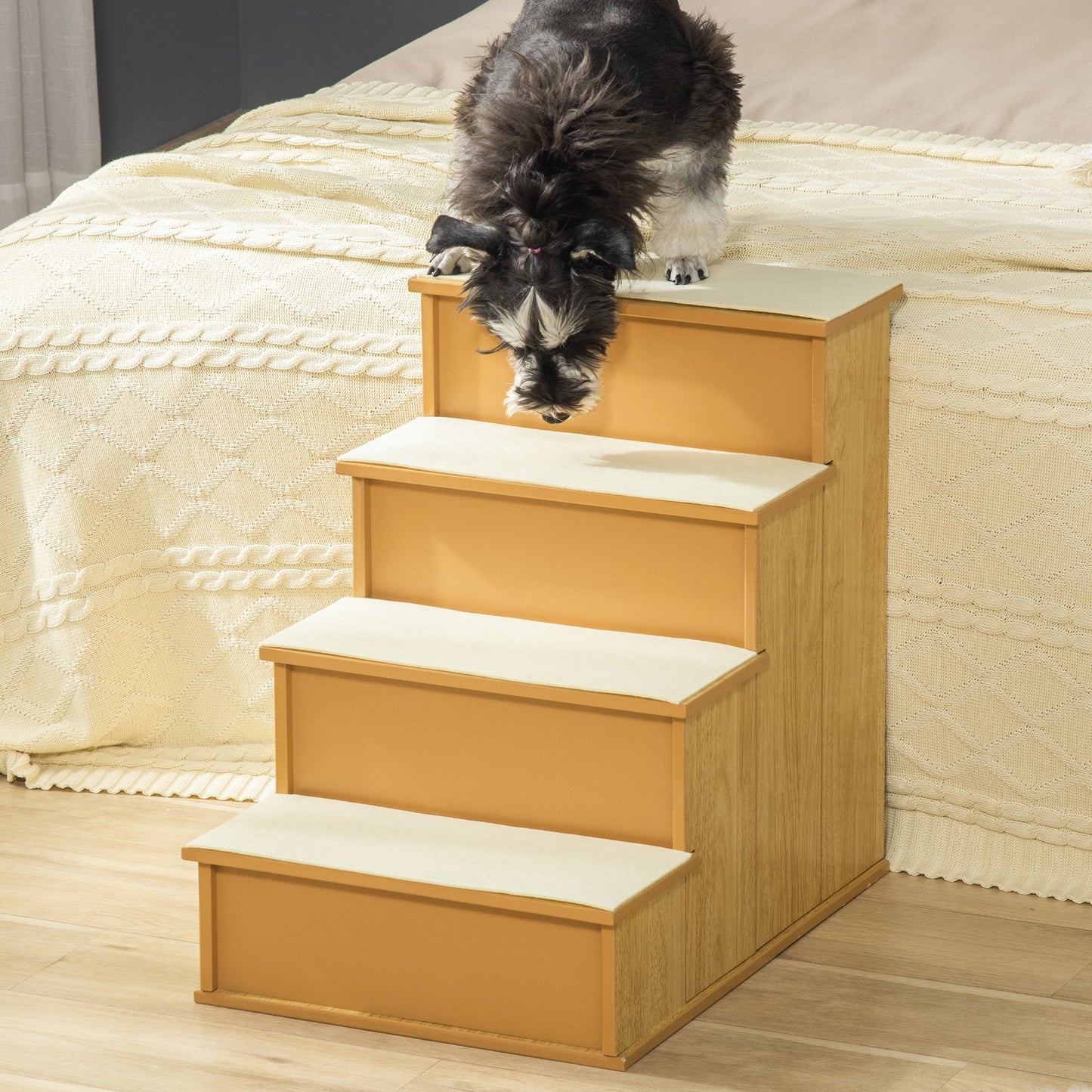 Pet Stairs Dog Steps for High Bed, 4 Levels Dog Stairs for Car, Wooden Cat Ladder with Non-Slip Carpet, 15.7" L x 23.2" W x 21.3" H, Natural Wood