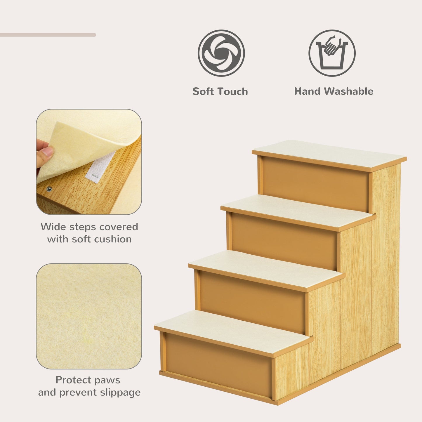 Pet Stairs Dog Steps for High Bed, 4 Levels Dog Stairs for Car, Wooden Cat Ladder with Non-Slip Carpet, 15.7" L x 23.2" W x 21.3" H, Natural Wood