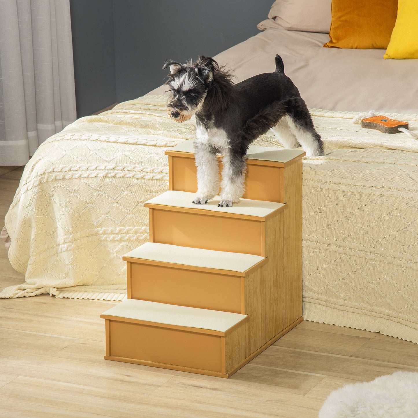 Pet Stairs Dog Steps for High Bed, 4 Levels Dog Stairs for Car, Wooden Cat Ladder with Non-Slip Carpet, 15.7" L x 23.2" W x 21.3" H, Natural Wood