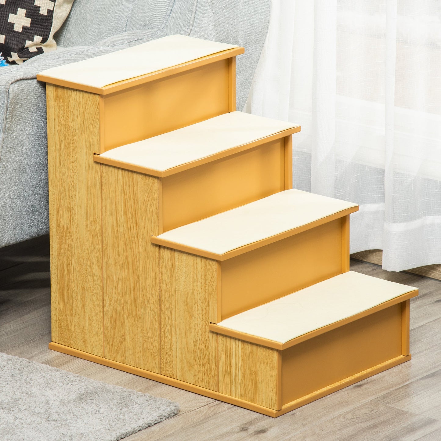 Pet Stairs Dog Steps for High Bed, 4 Levels Dog Stairs for Car, Wooden Cat Ladder with Non-Slip Carpet, 15.7" L x 23.2" W x 21.3" H, Natural Wood