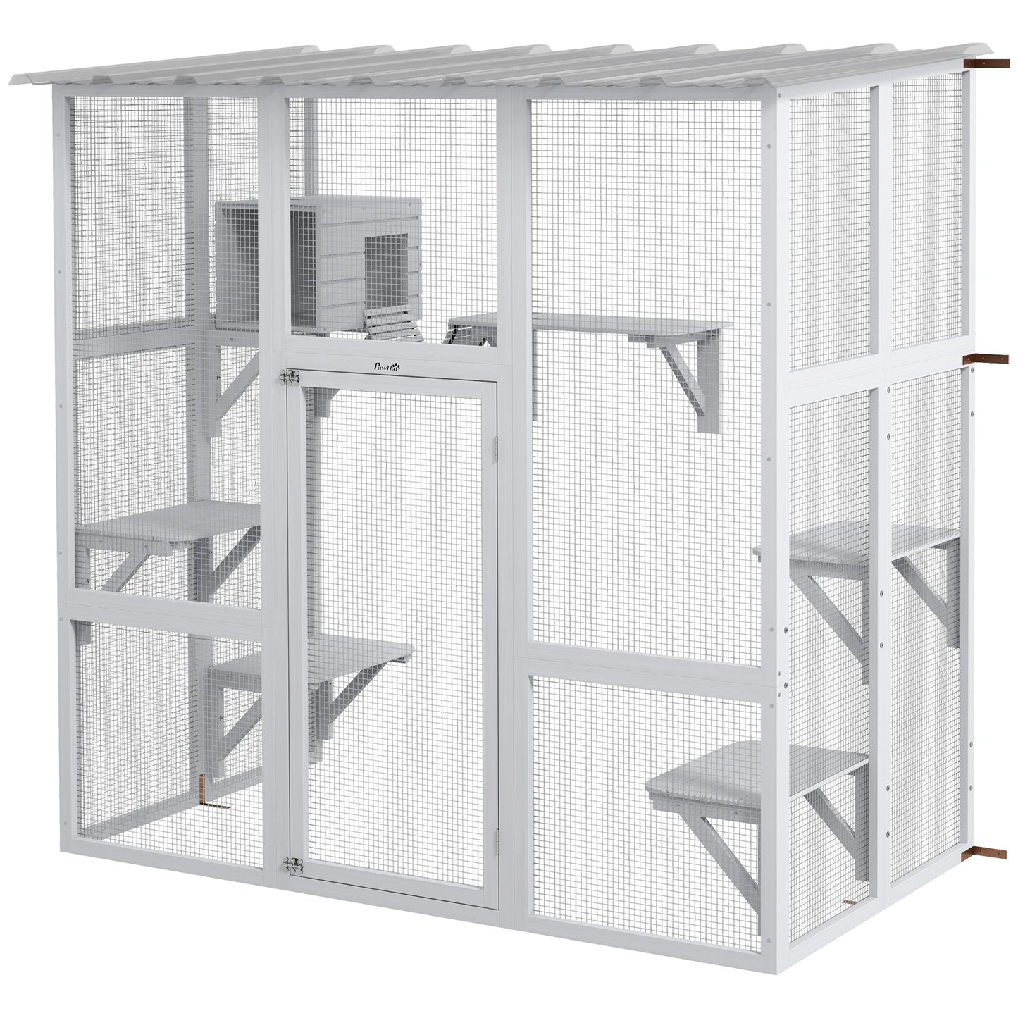 Catio, Wooden Outdoor Cat Enclosure Window Box with Weatherproof Roof, Bridge, Resting Box, Platforms, Cat Cage for 2 Kittens, White