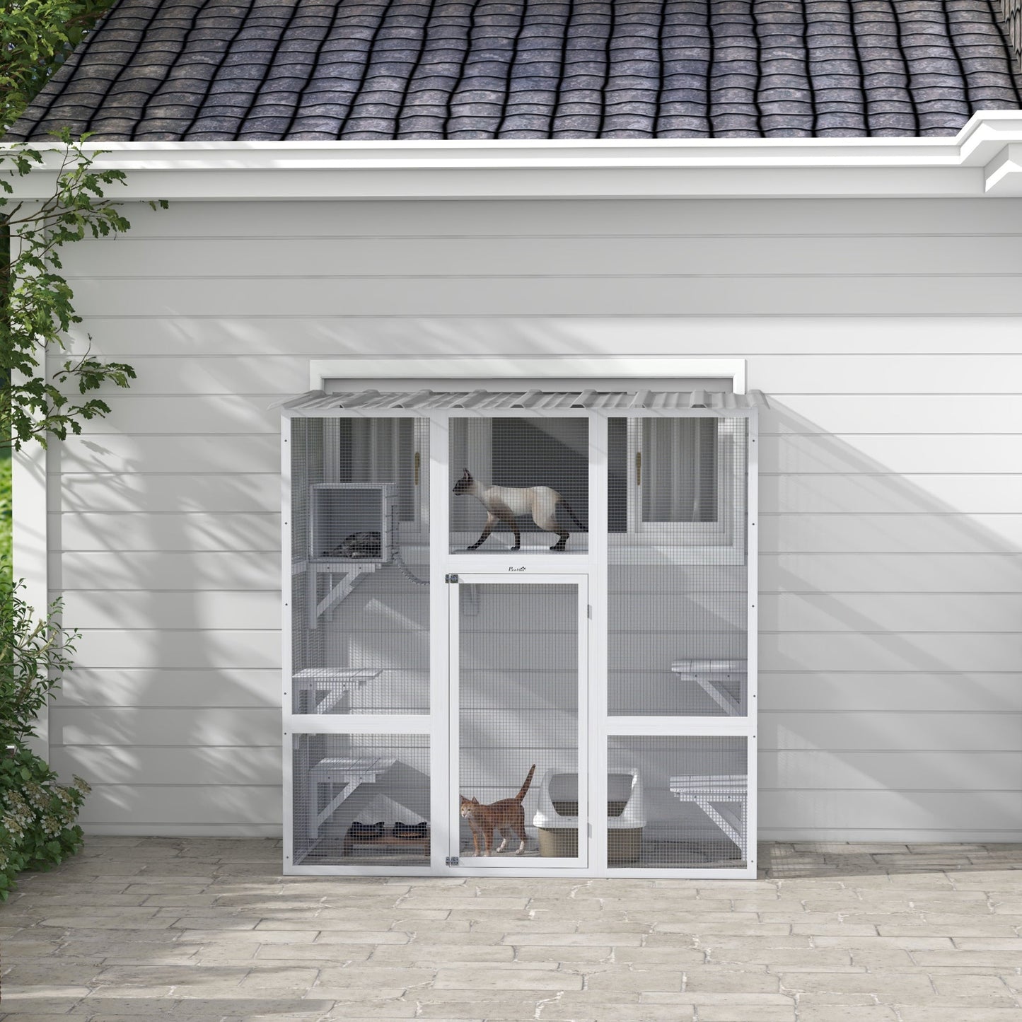 Catio, Wooden Outdoor Cat Enclosure Window Box with Weatherproof Roof, Bridge, Resting Box, Platforms, Cat Cage for 2 Kittens, White