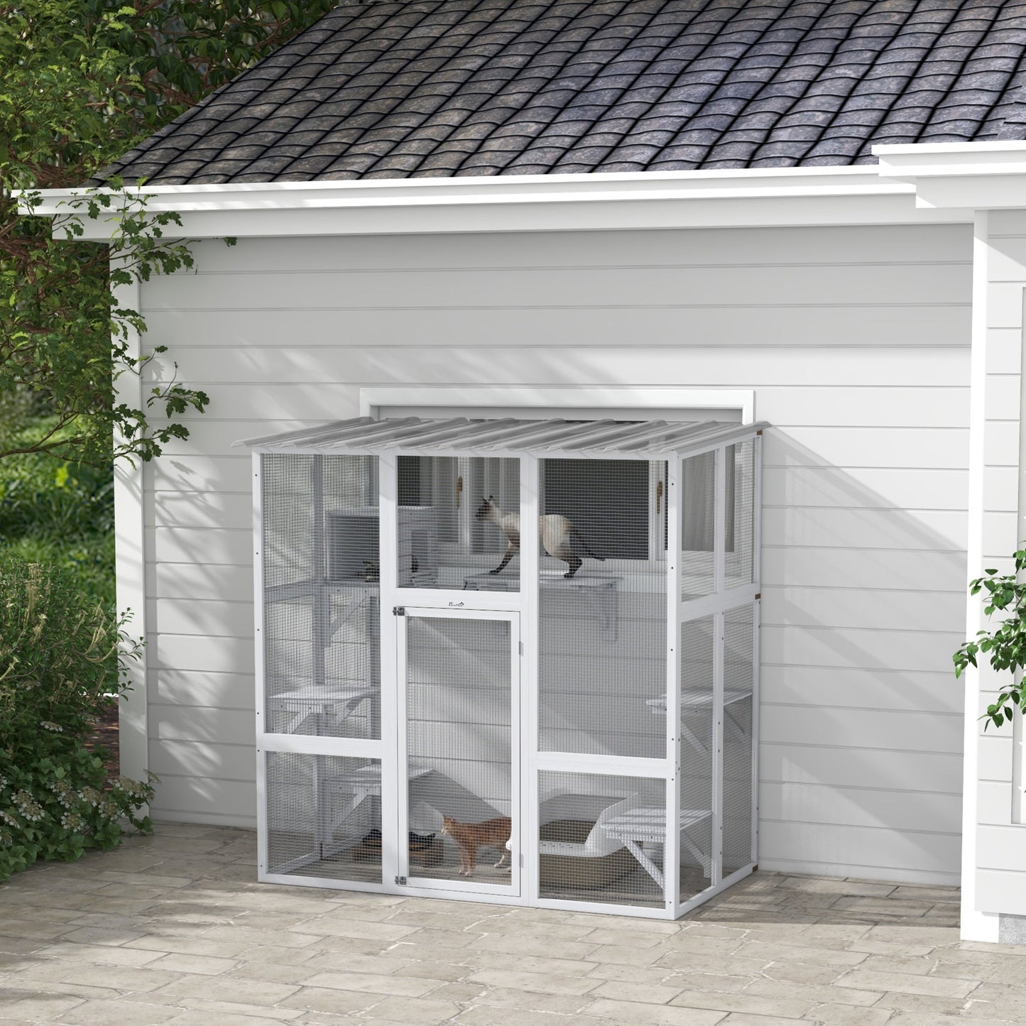 Catio, Wooden Outdoor Cat Enclosure Window Box with Weatherproof Roof, Bridge, Resting Box, Platforms, Cat Cage for 2 Kittens, White