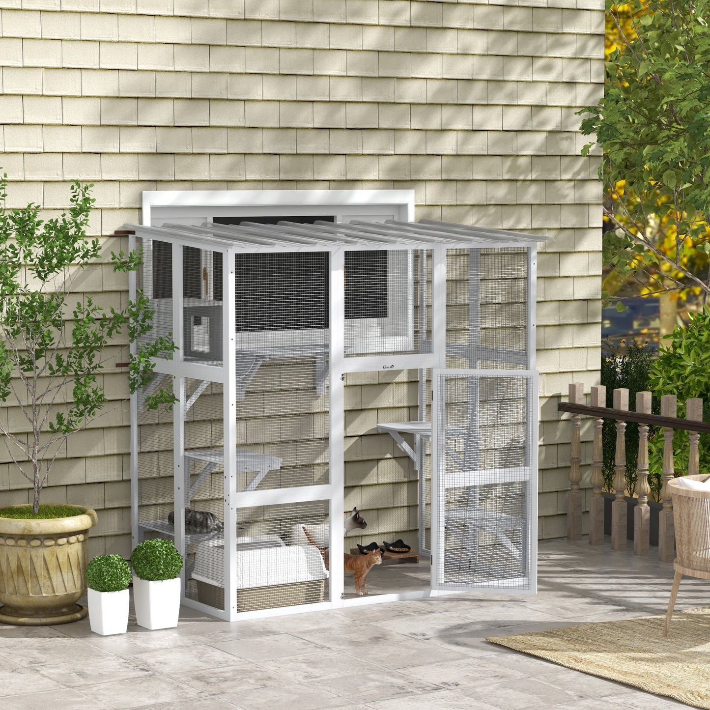 Catio, Wooden Outdoor Cat Enclosure Window Box with Weatherproof Roof, Bridge, Resting Box, Platforms, Cat Cage for 2 Kittens, White