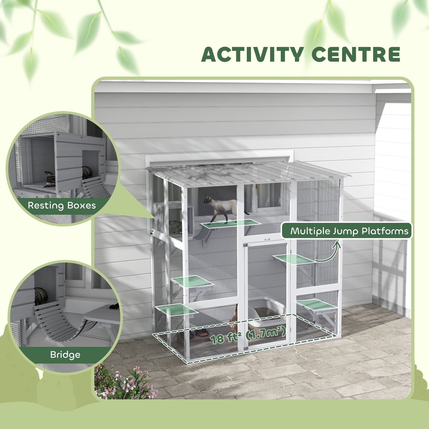 Catio, Wooden Outdoor Cat Enclosure Window Box with Weatherproof Roof, Bridge, Resting Box, Platforms, Cat Cage for 2 Kittens, White