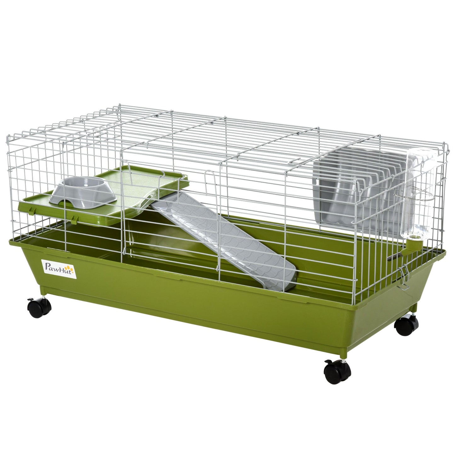 35" Small Animal Cage, Rolling Bunny Cage, Guinea Pig Cage with Food Dish, Water Bottle, Hay Feeder, Platform, Ramp for Chinchilla, Green