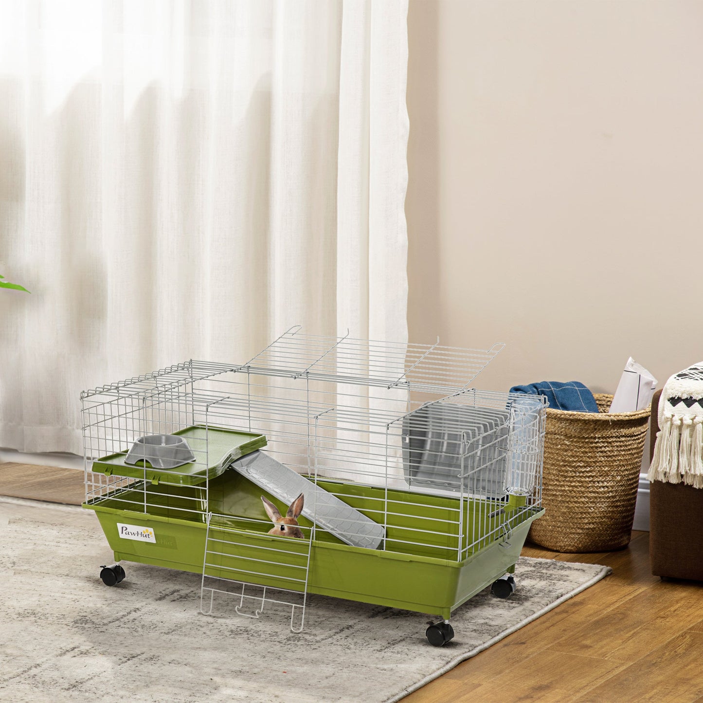 35" Small Animal Cage, Rolling Bunny Cage, Guinea Pig Cage with Food Dish, Water Bottle, Hay Feeder, Platform, Ramp for Chinchilla, Green