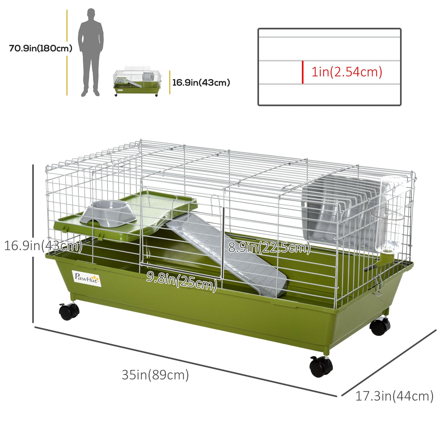 35" Small Animal Cage, Rolling Bunny Cage, Guinea Pig Cage with Food Dish, Water Bottle, Hay Feeder, Platform, Ramp for Chinchilla, Green