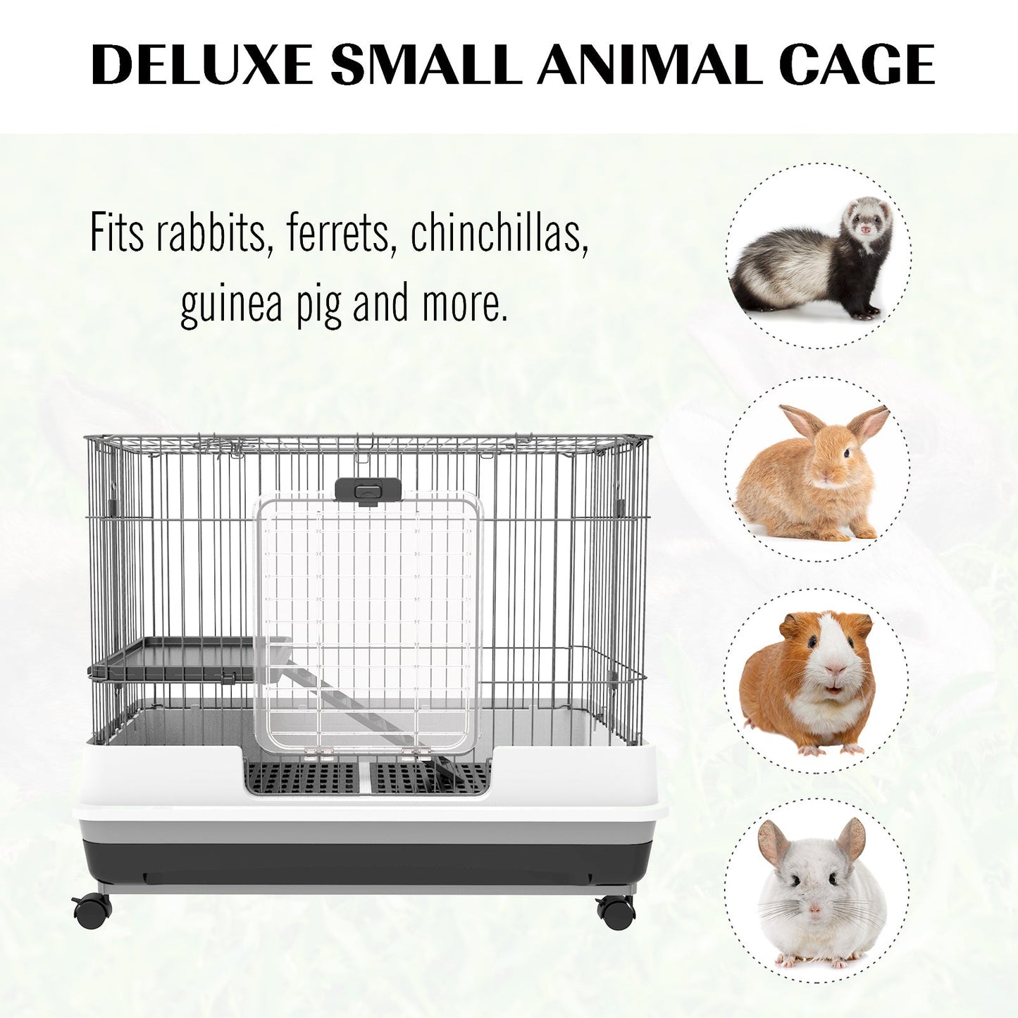 28"H 2-Level Small Animal Cage Rabbit Hutch with Universal Lockable Wheels, Slide-Out Tray for Bunny, Chinchillas, Ferret, Black