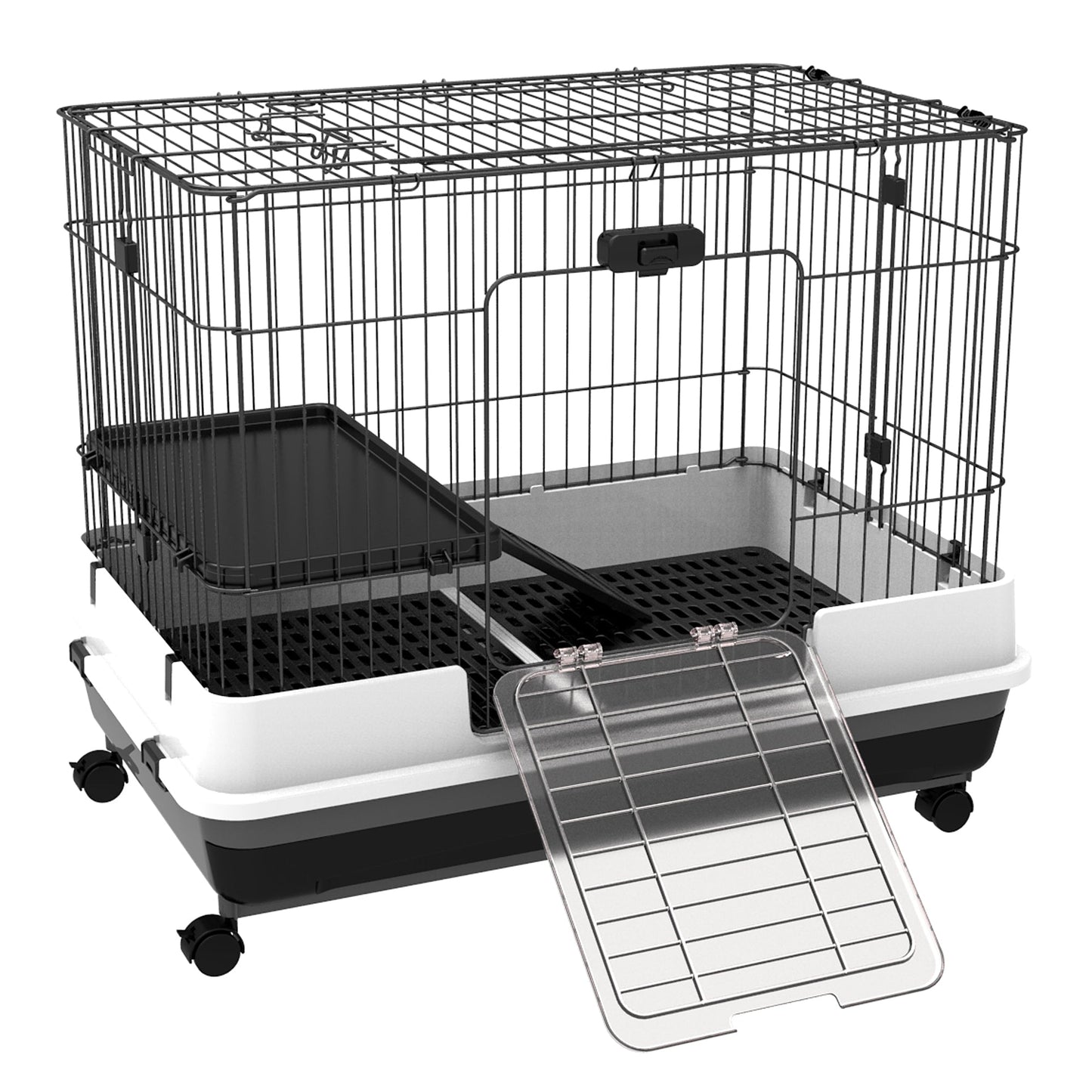28"H 2-Level Small Animal Cage Rabbit Hutch with Universal Lockable Wheels, Slide-Out Tray for Bunny, Chinchillas, Ferret, Black
