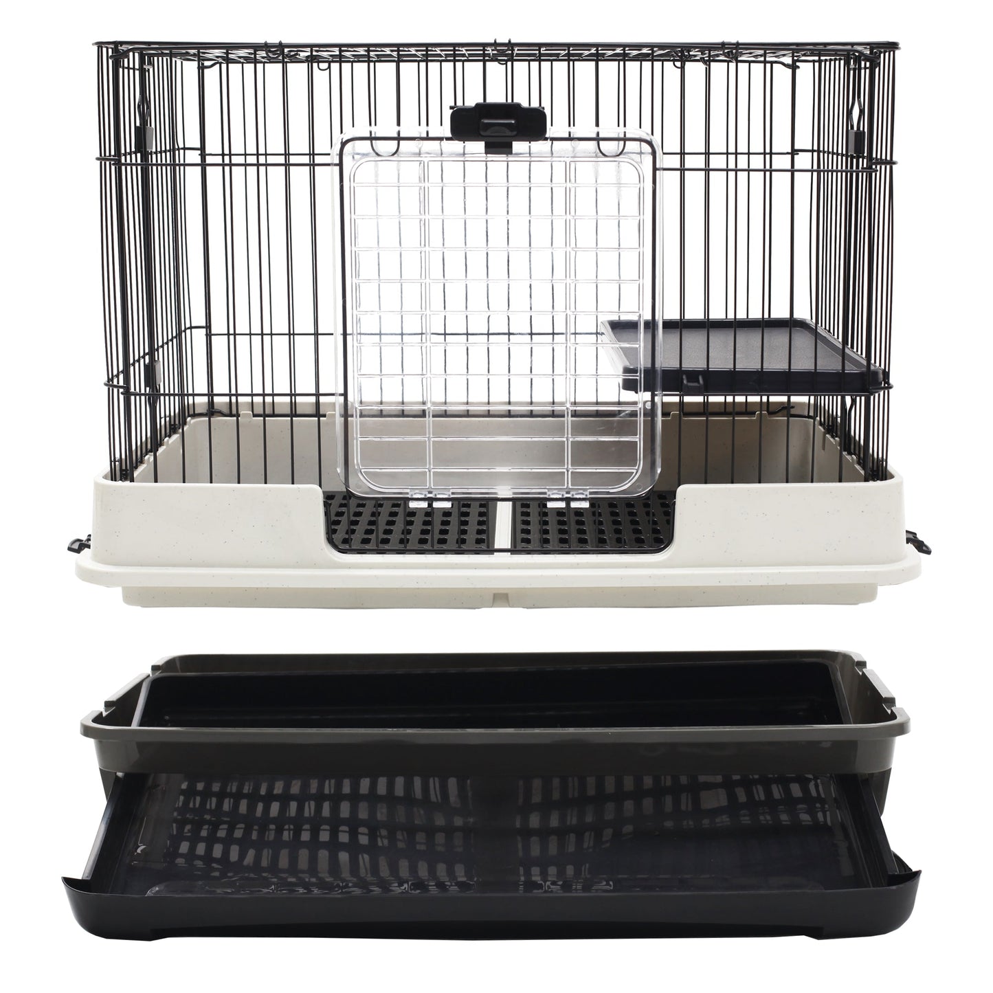 28"H 2-Level Small Animal Cage Rabbit Hutch with Universal Lockable Wheels, Slide-Out Tray for Bunny, Chinchillas, Ferret, Black