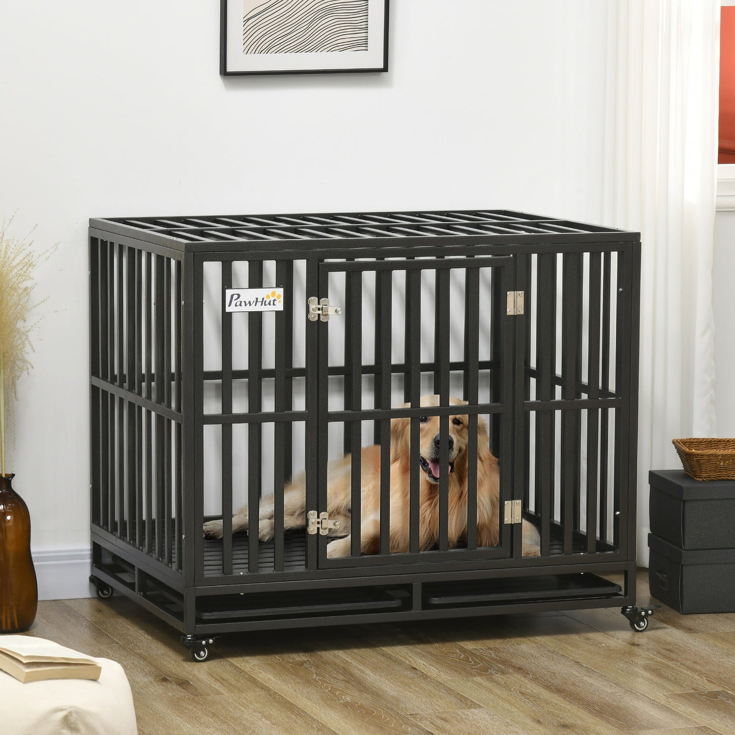 Heavy Duty Steel Dog Crate Kennel Pet Cage with Wheels for Portability and a Door for Convenient Access Anti-Pinching Floor, 40.7"L x 29.5"W x 34.6"H, Black