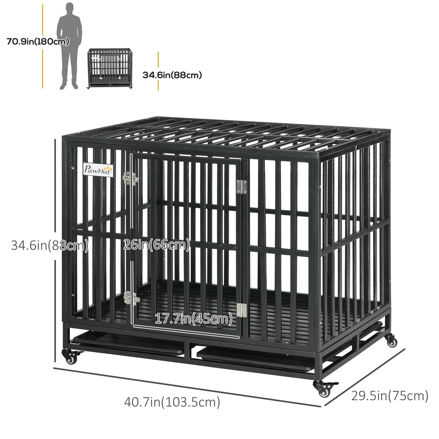 Heavy Duty Steel Dog Crate Kennel Pet Cage with Wheels for Portability and a Door for Convenient Access Anti-Pinching Floor, 40.7"L x 29.5"W x 34.6"H, Black