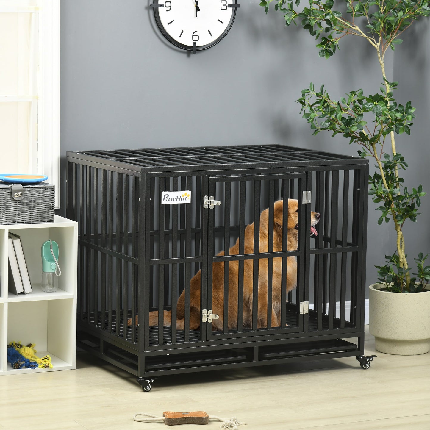 Heavy Duty Steel Dog Crate Kennel Pet Cage with Wheels for Portability and a Door for Convenient Access Anti-Pinching Floor, 40.7"L x 29.5"W x 34.6"H, Black