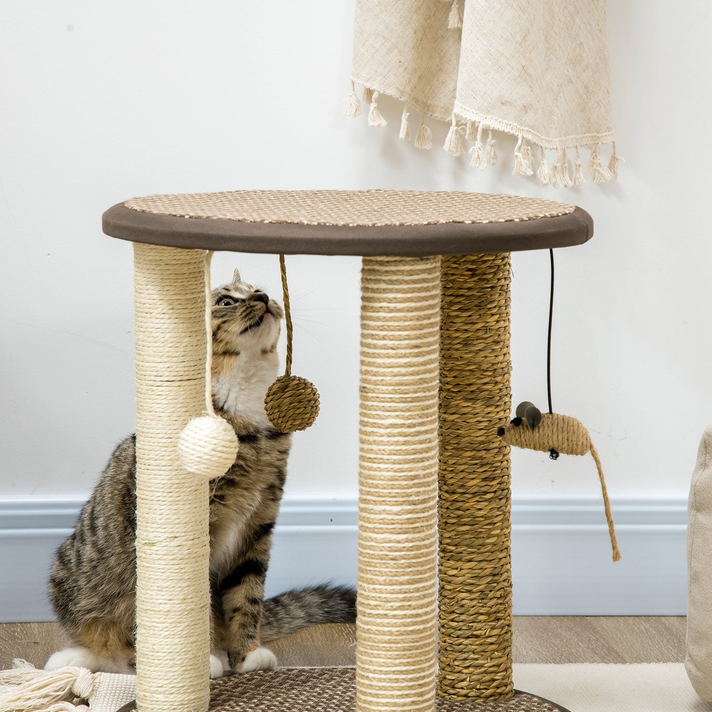 17" Cat Tree, Kitty Activity Centre with Hanging Toys, Cat Climbing Toy, Cat Tower with Jute, Sisal, Seagrass Scratching Post, Brown