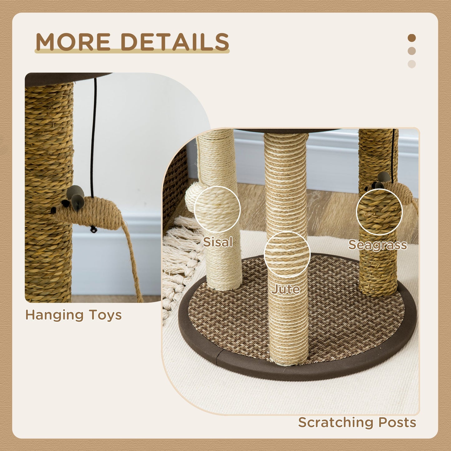 17" Cat Tree, Kitty Activity Centre with Hanging Toys, Cat Climbing Toy, Cat Tower with Jute, Sisal, Seagrass Scratching Post, Brown