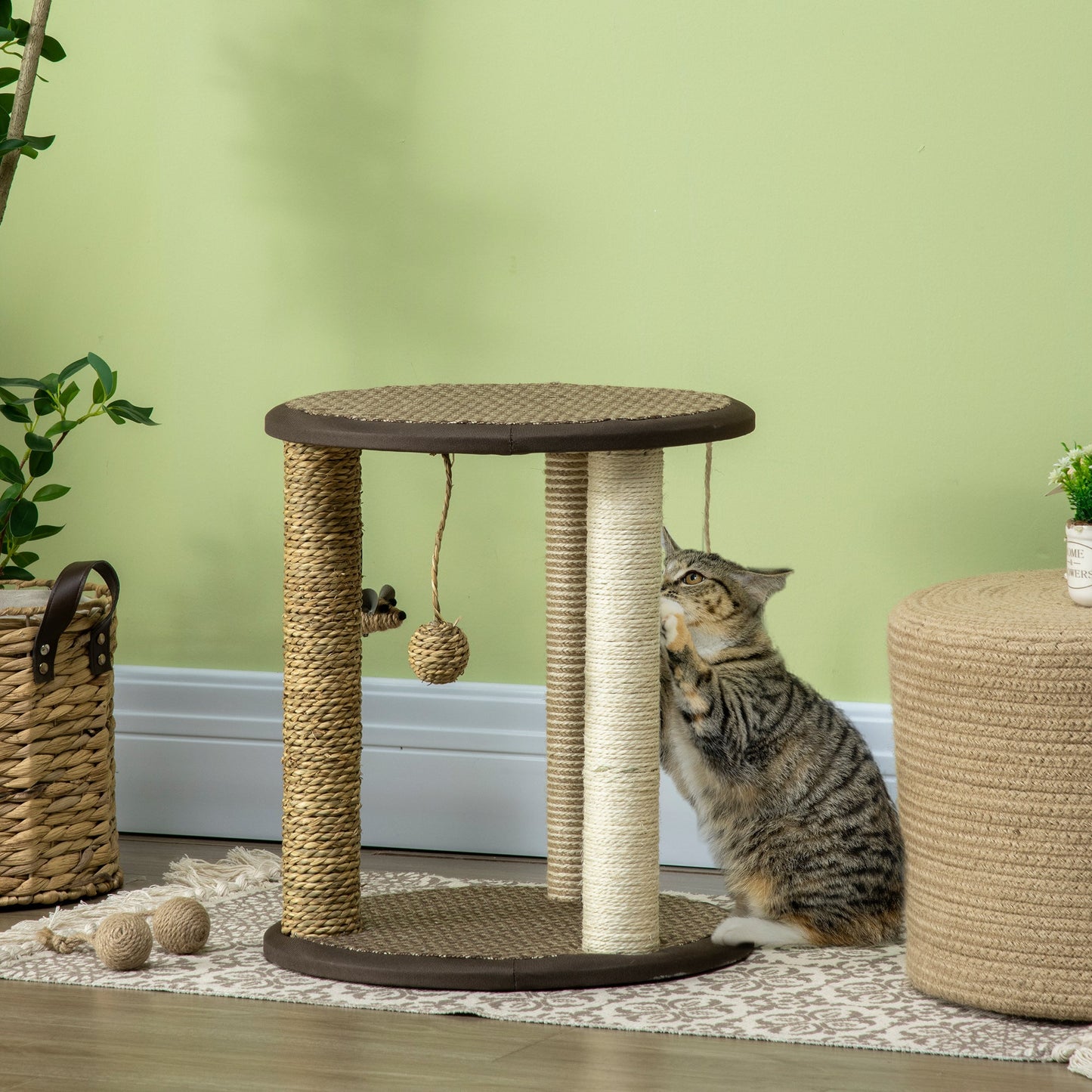 17" Cat Tree, Kitty Activity Centre with Hanging Toys, Cat Climbing Toy, Cat Tower with Jute, Sisal, Seagrass Scratching Post, Brown