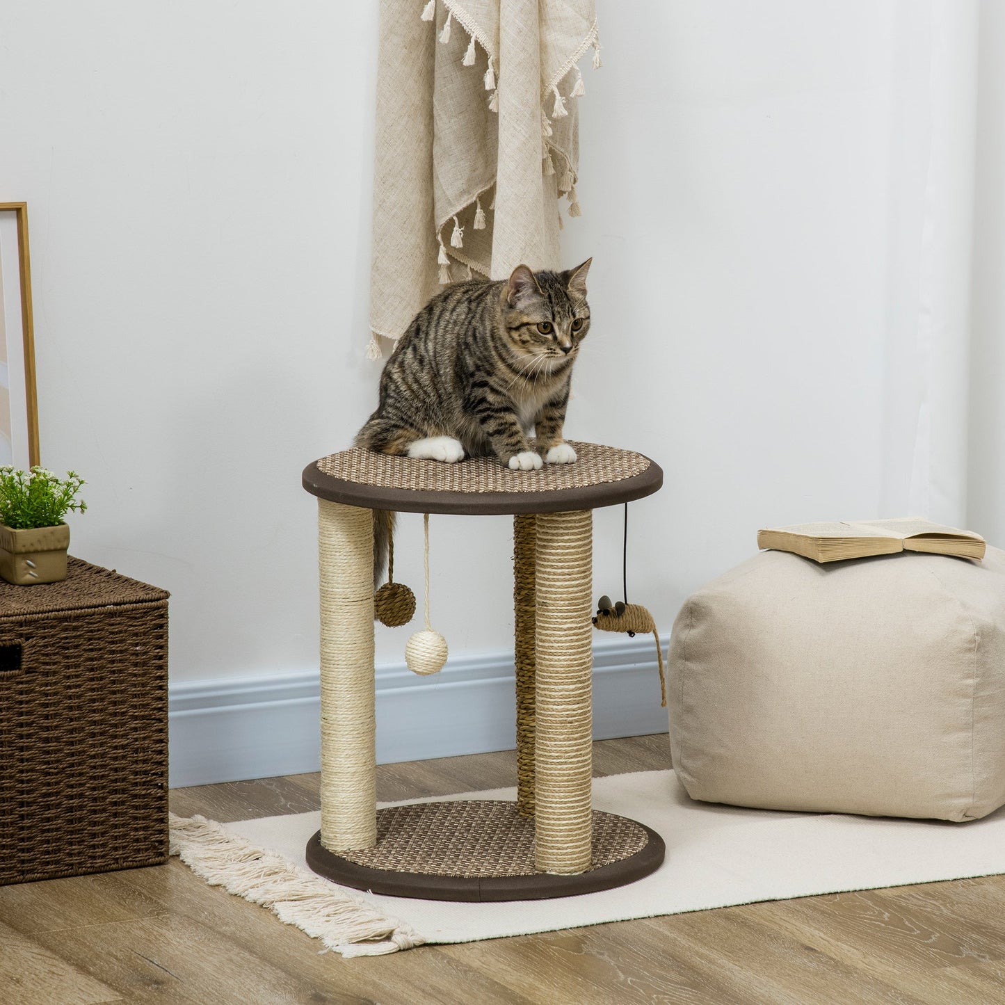 17" Cat Tree, Kitty Activity Centre with Hanging Toys, Cat Climbing Toy, Cat Tower with Jute, Sisal, Seagrass Scratching Post, Brown