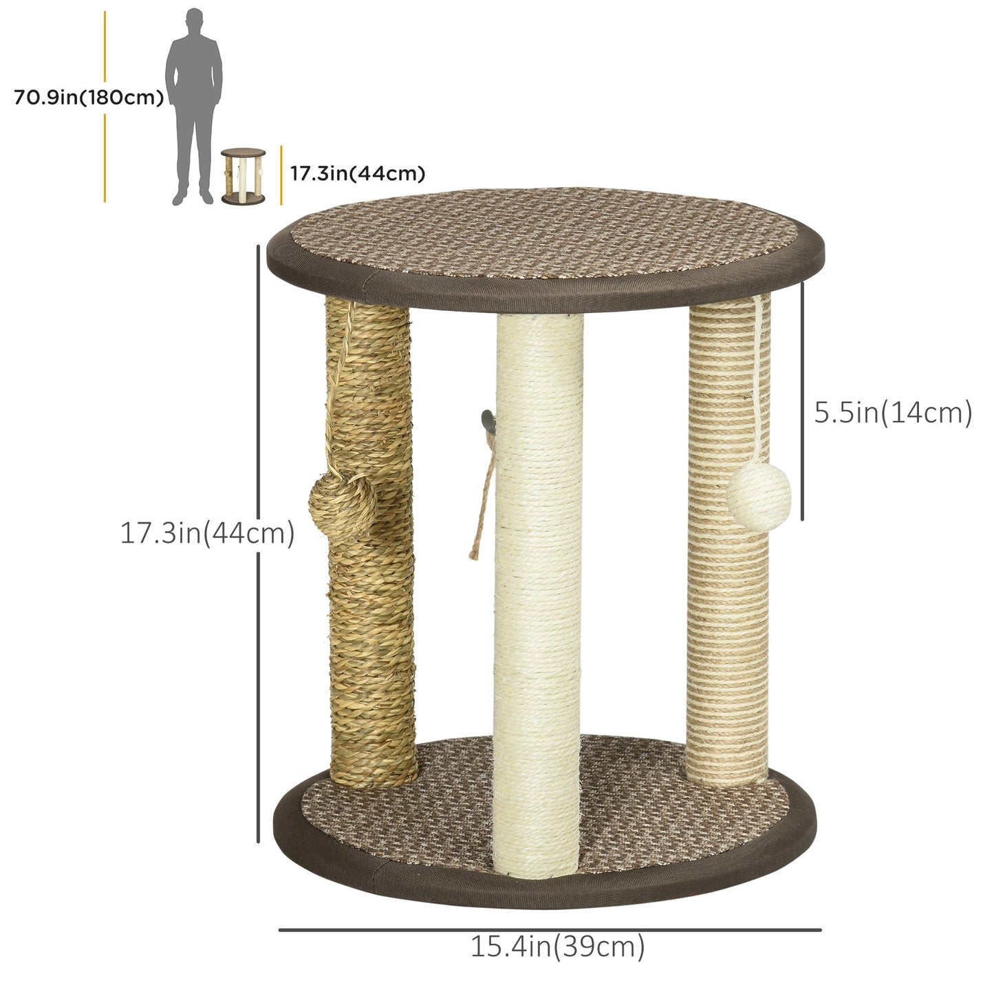 17" Cat Tree, Kitty Activity Centre with Hanging Toys, Cat Climbing Toy, Cat Tower with Jute, Sisal, Seagrass Scratching Post, Brown