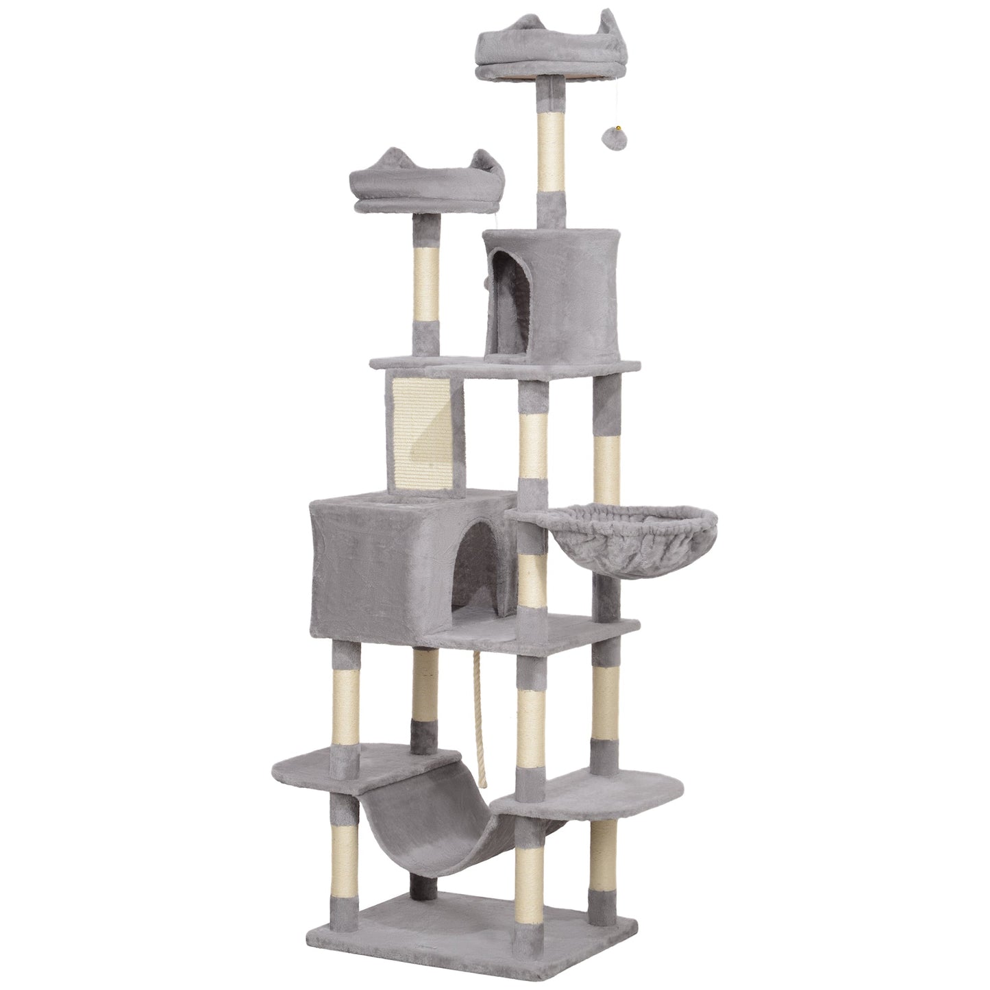 Cat Tower, 81" Cat Tree for Large Cats Adult w/ Scratching Posts, Scratching Board, Cat Condos, Cat Beds, Hammocks, Jumping Platforms, Toy Balls, Rope Cat Toy, Light Grey