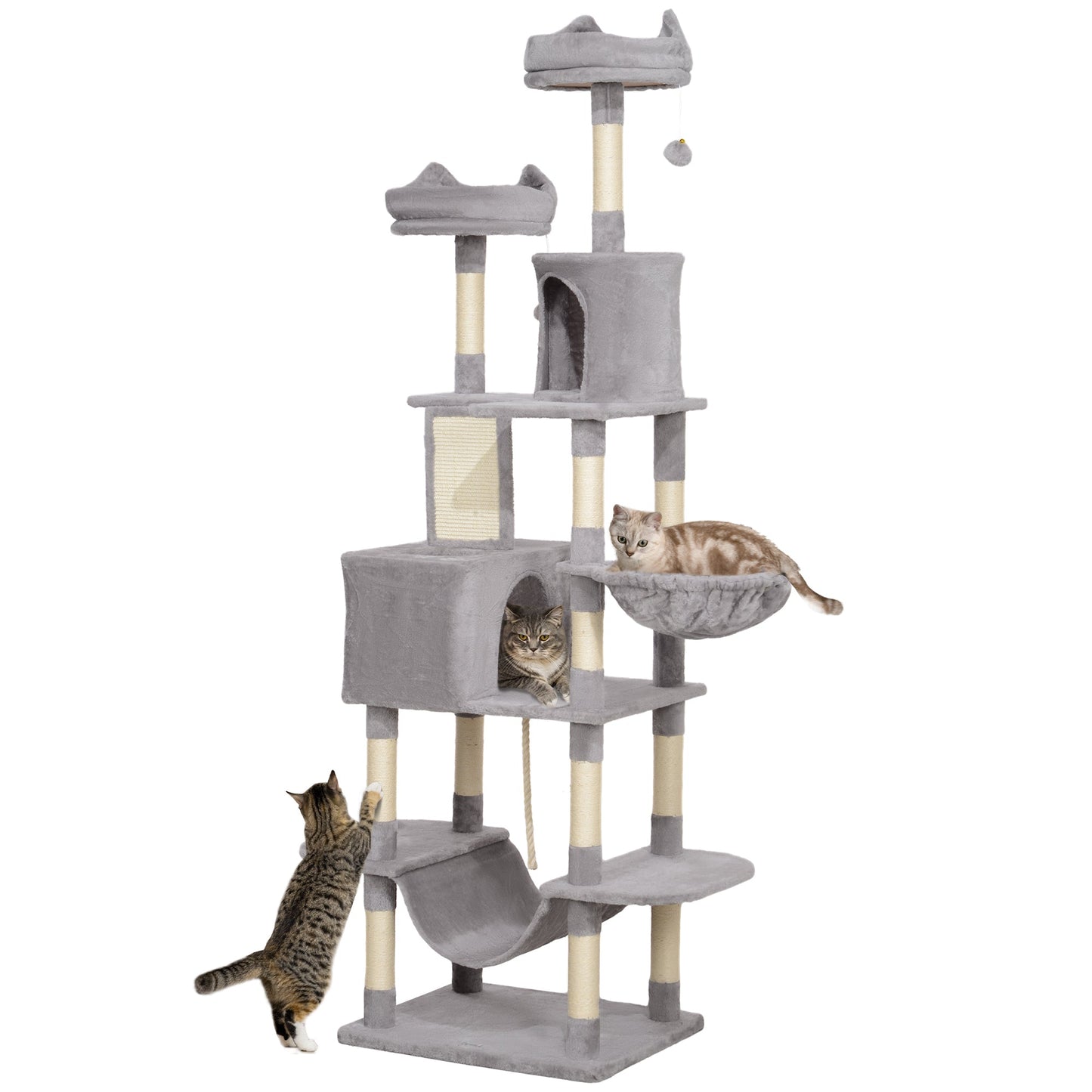 Cat Tower, 81" Cat Tree for Large Cats Adult w/ Scratching Posts, Scratching Board, Cat Condos, Cat Beds, Hammocks, Jumping Platforms, Toy Balls, Rope Cat Toy, Light Grey