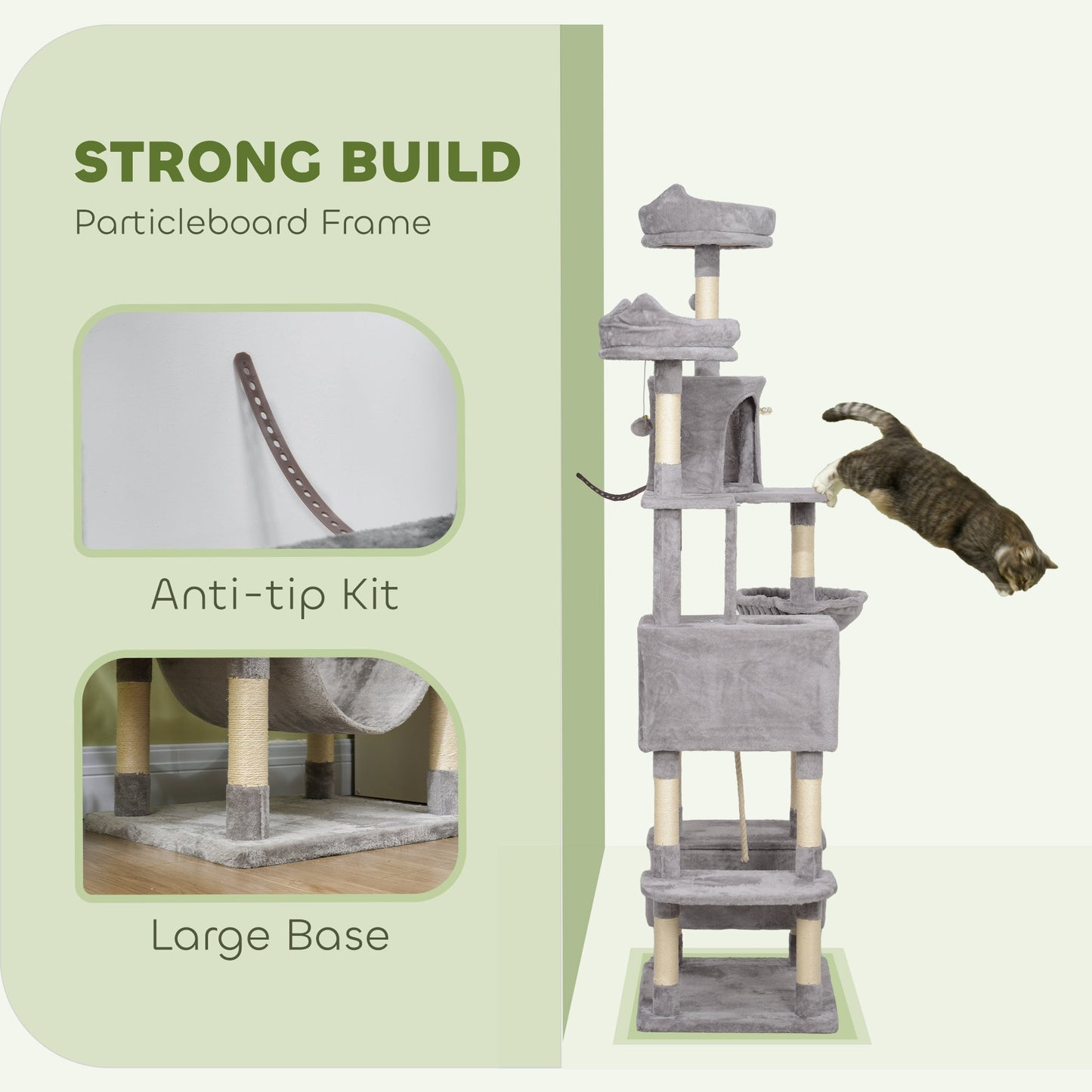 Cat Tower, 81" Cat Tree for Large Cats Adult w/ Scratching Posts, Scratching Board, Cat Condos, Cat Beds, Hammocks, Jumping Platforms, Toy Balls, Rope Cat Toy, Light Grey