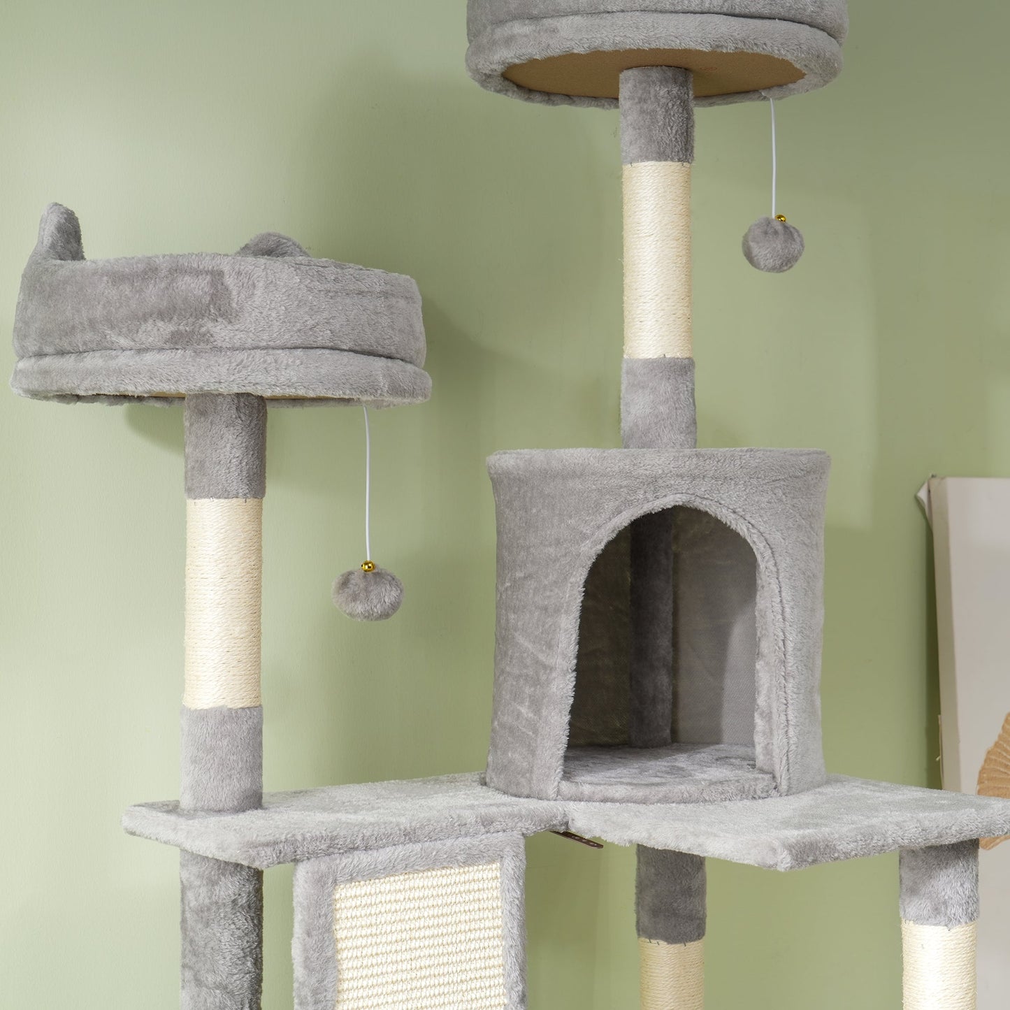 Cat Tower, 81" Cat Tree for Large Cats Adult w/ Scratching Posts, Scratching Board, Cat Condos, Cat Beds, Hammocks, Jumping Platforms, Toy Balls, Rope Cat Toy, Light Grey