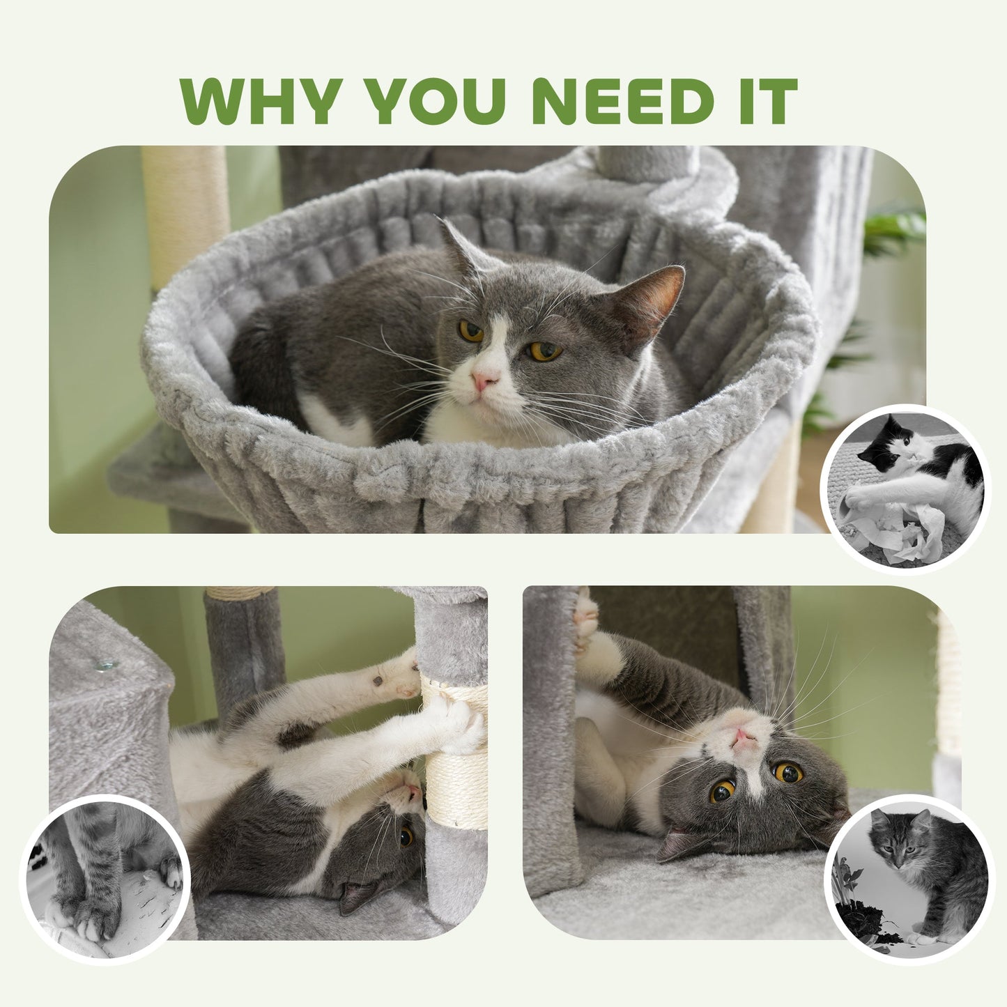 Cat Tower, 81" Cat Tree for Large Cats Adult w/ Scratching Posts, Scratching Board, Cat Condos, Cat Beds, Hammocks, Jumping Platforms, Toy Balls, Rope Cat Toy, Light Grey