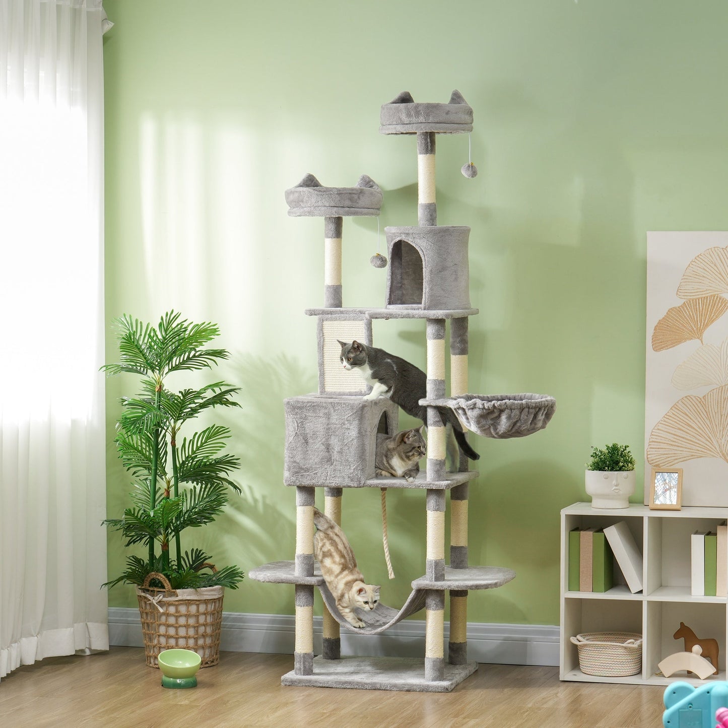 Cat Tower, 81" Cat Tree for Large Cats Adult w/ Scratching Posts, Scratching Board, Cat Condos, Cat Beds, Hammocks, Jumping Platforms, Toy Balls, Rope Cat Toy, Light Grey